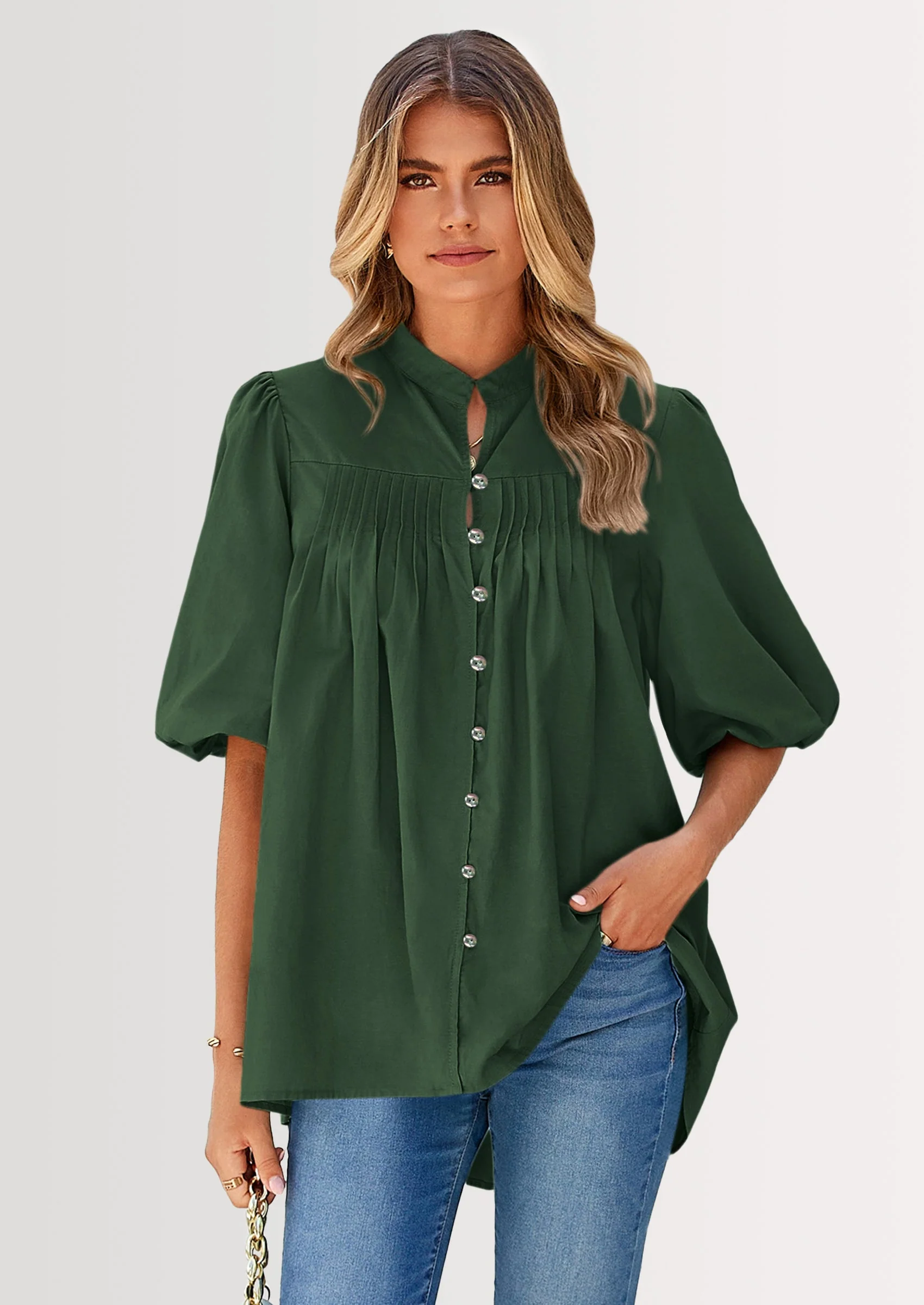 PRETTYGARDEN Women's Summer Short Lantern Sleeve Tops Loose Fit Button Down Shirt Casual Pleated V Neck Blouses - Image 33