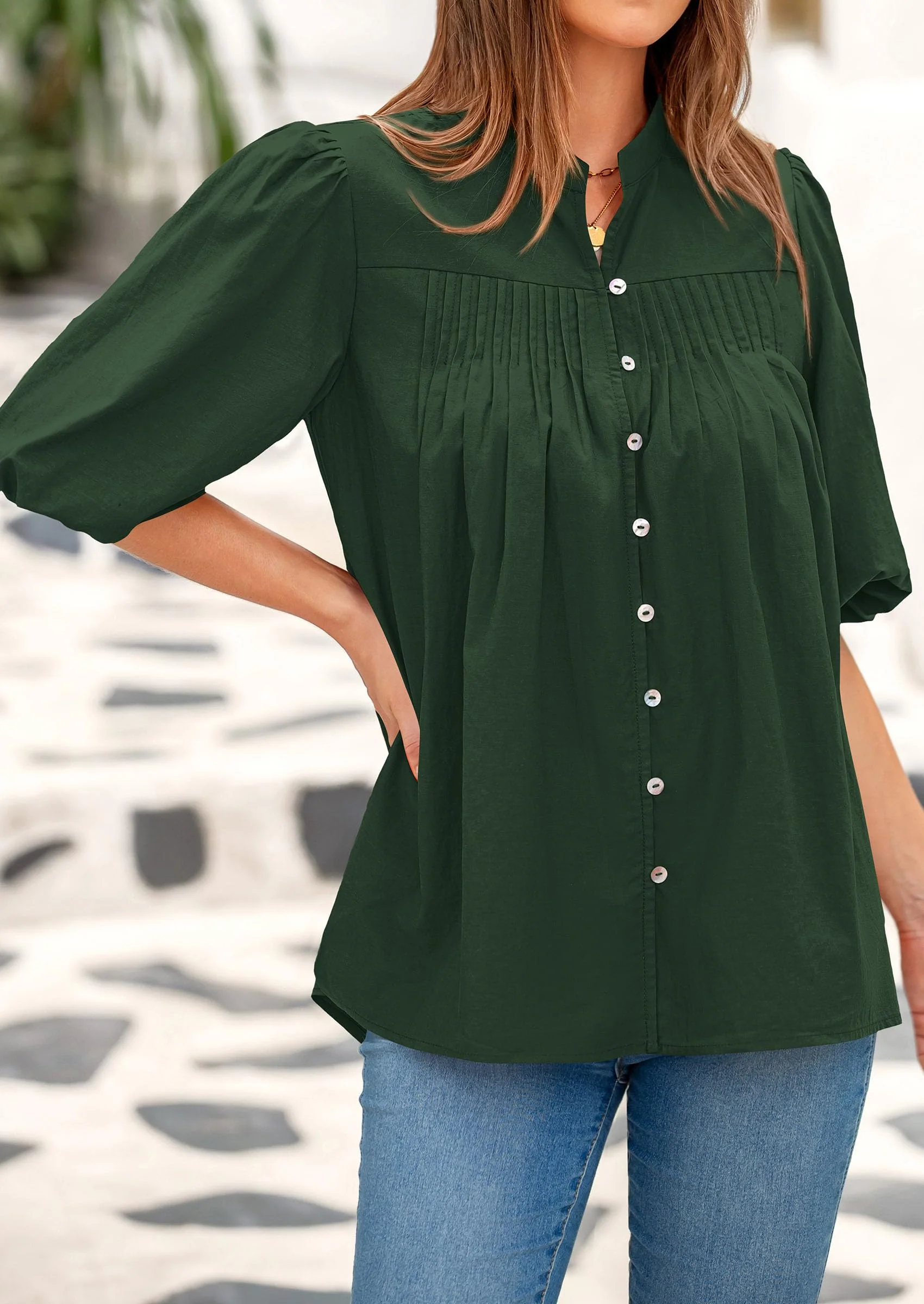 PRETTYGARDEN Women's Summer Short Lantern Sleeve Tops Loose Fit Button Down Shirt Casual Pleated V Neck Blouses - Image 36