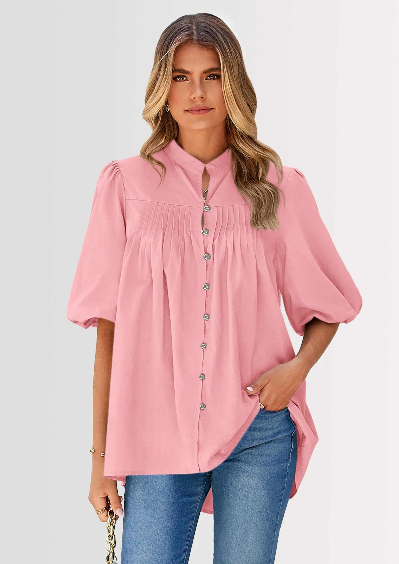 PRETTYGARDEN Women's Summer Short Lantern Sleeve Tops Loose Fit Button Down Shirt Casual Pleated V Neck Blouses - Image 41