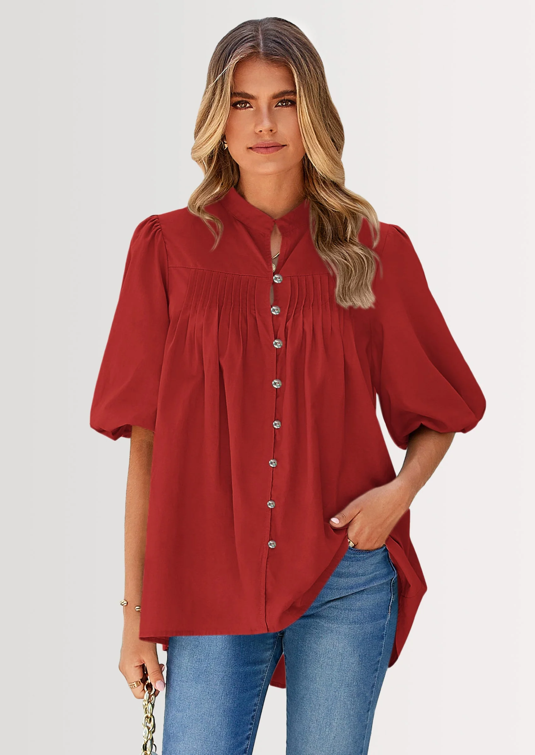 PRETTYGARDEN Women's Summer Short Lantern Sleeve Tops Loose Fit Button Down Shirt Casual Pleated V Neck Blouses - Image 49