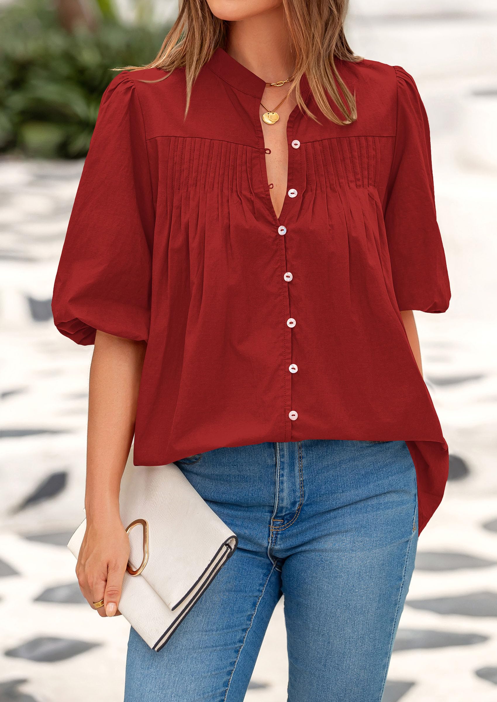 PRETTYGARDEN Women's Summer Short Lantern Sleeve Tops Loose Fit Button Down Shirt Casual Pleated V Neck Blouses - Image 51