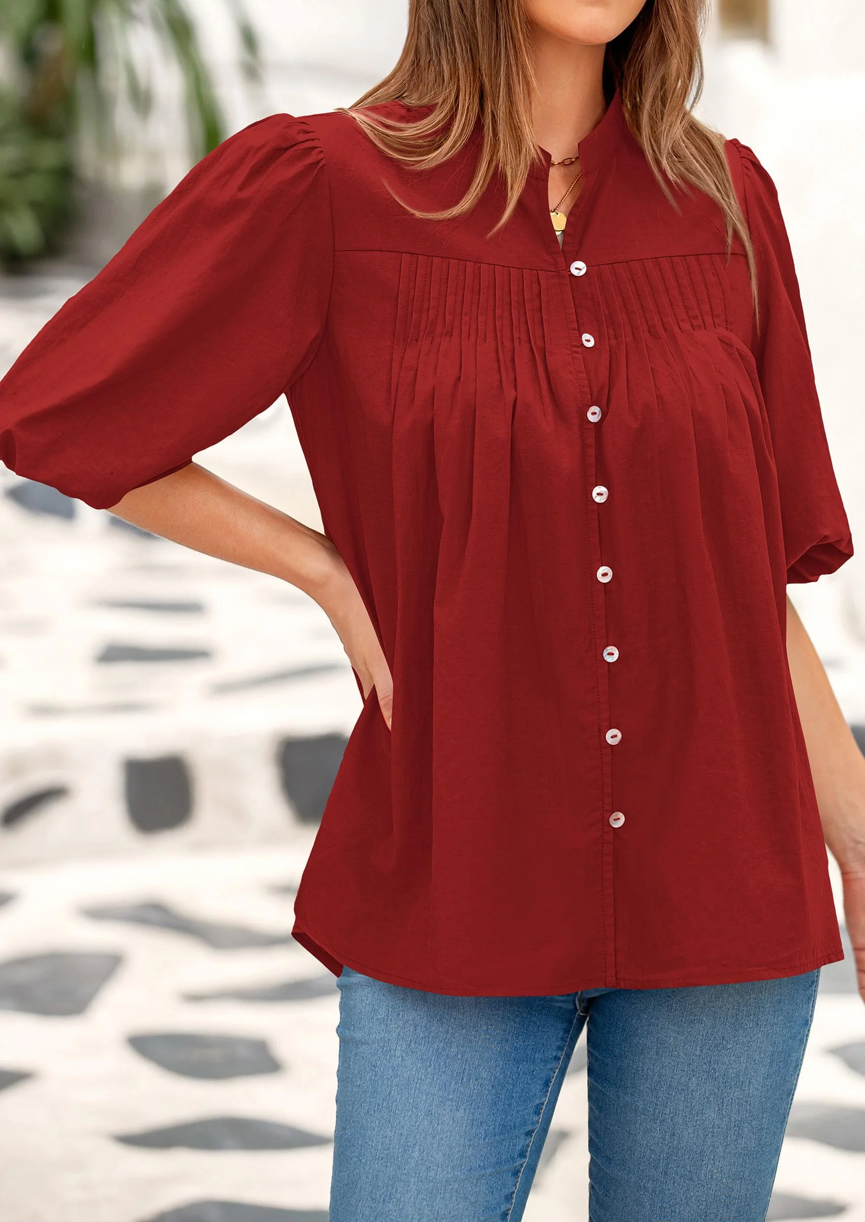 PRETTYGARDEN Women's Summer Short Lantern Sleeve Tops Loose Fit Button Down Shirt Casual Pleated V Neck Blouses - Image 52