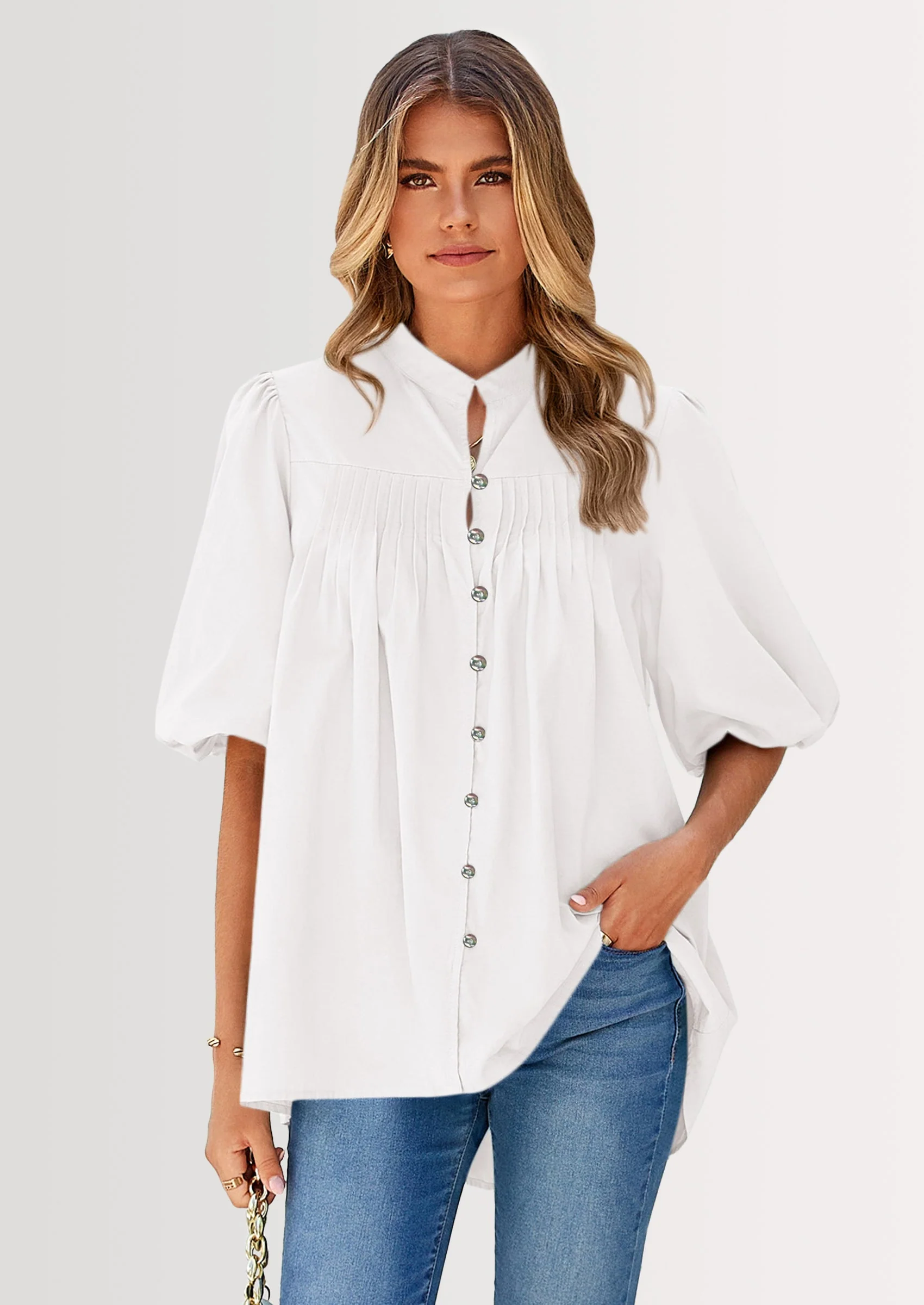 PRETTYGARDEN Women's Summer Short Lantern Sleeve Tops Loose Fit Button Down Shirt Casual Pleated V Neck Blouses - Image 57