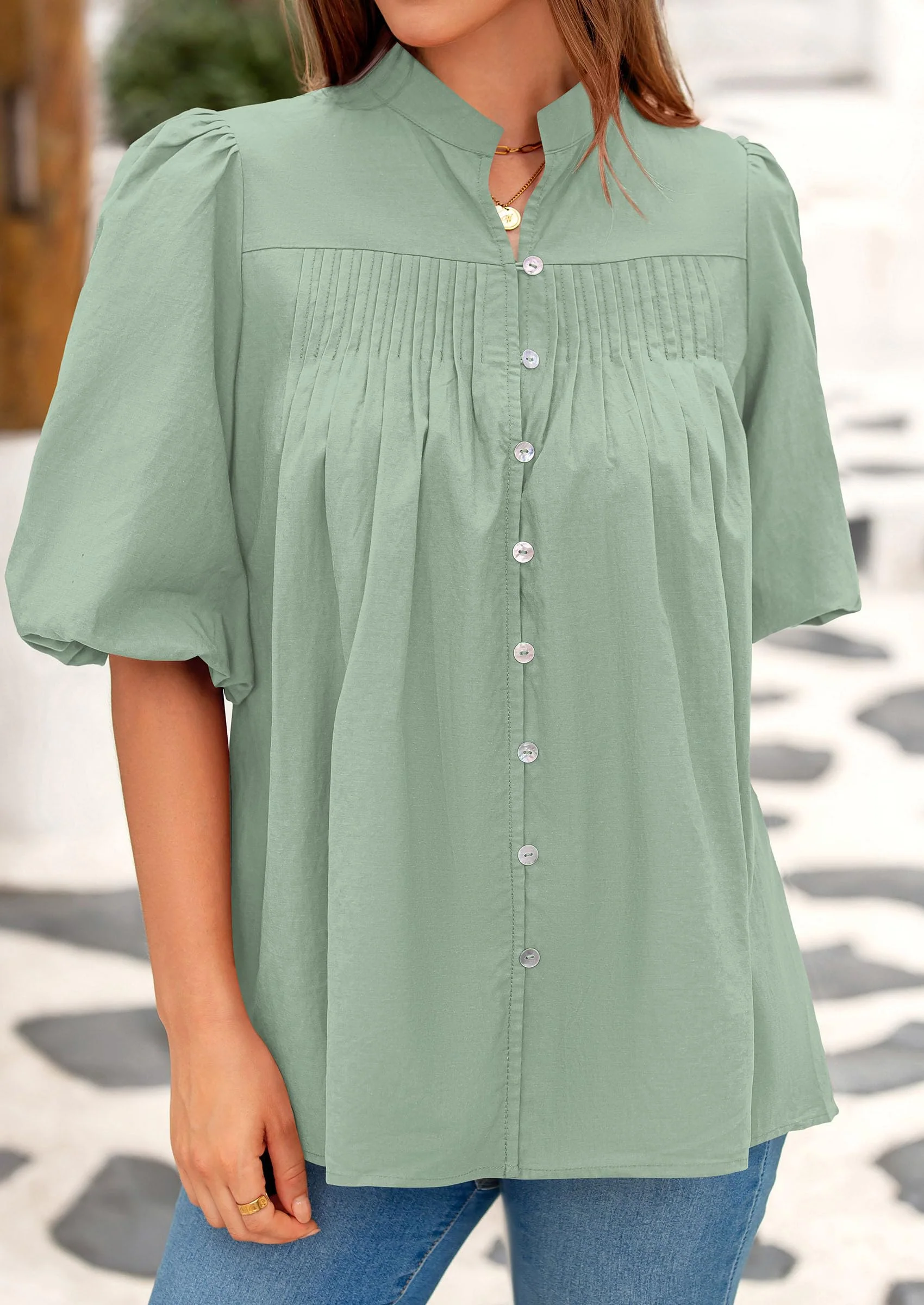 PRETTYGARDEN Women's Summer Short Lantern Sleeve Tops Loose Fit Button Down Shirt Casual Pleated V Neck Blouses - Image 7