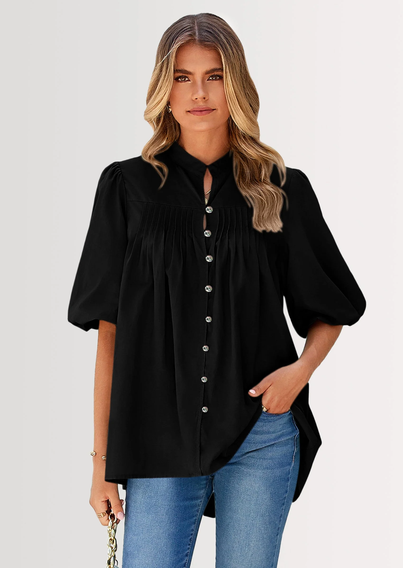 PRETTYGARDEN Women's Summer Short Lantern Sleeve Tops Loose Fit Button Down Shirt Casual Pleated V Neck Blouses - Image 9