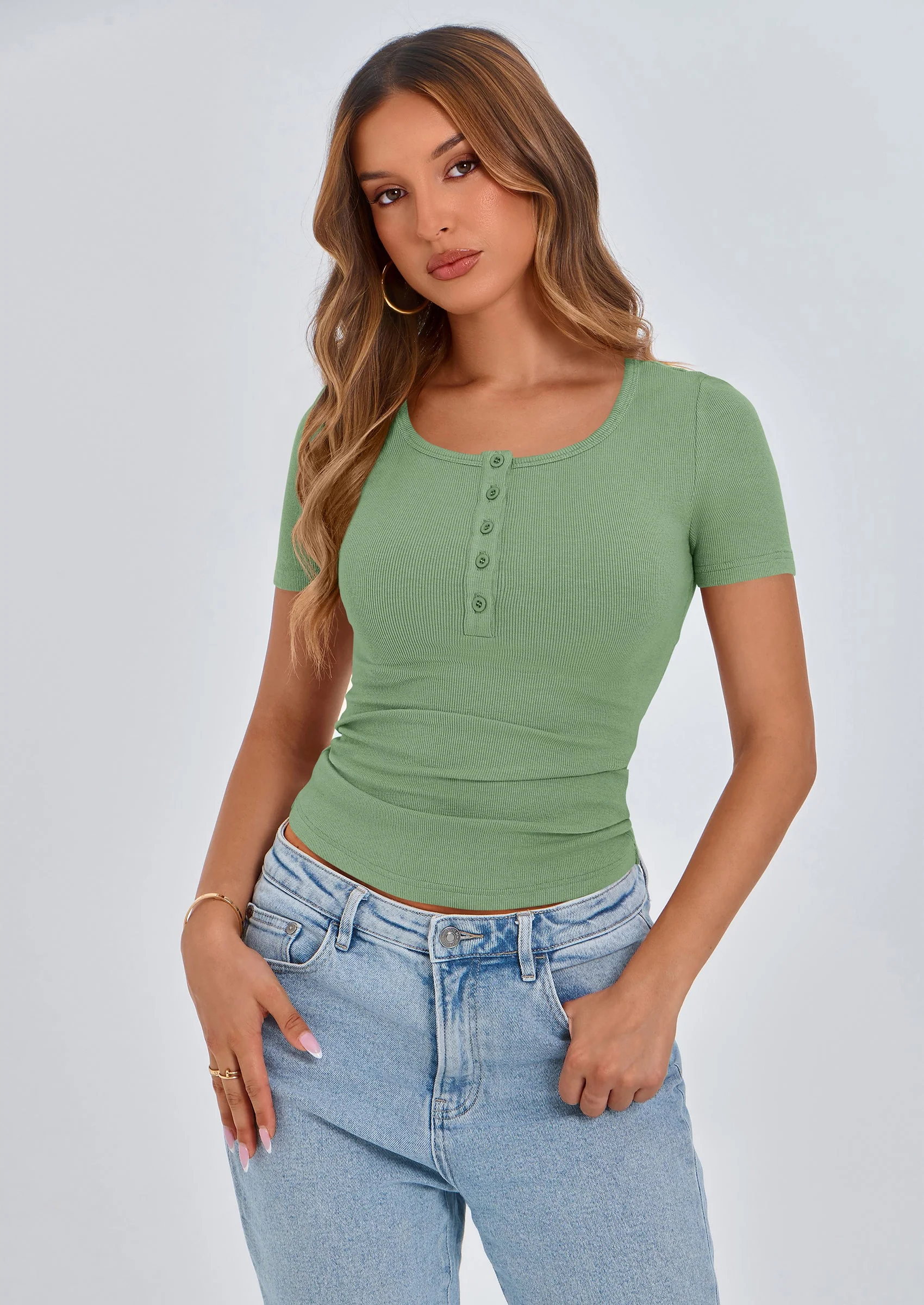 PRETTYGARDEN Women's Spring Summer Short Sleeve Tops Ribbed Henley Button Slim Fit Basic Casual T Shirts Blouse Clothing - Image 26