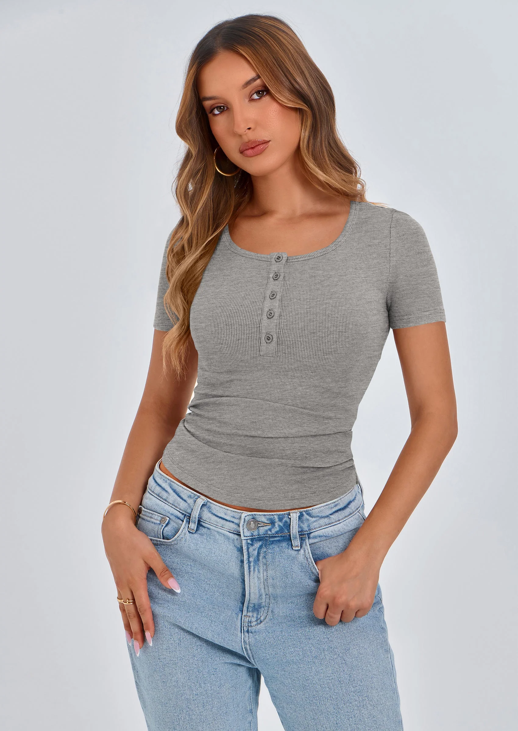 PRETTYGARDEN Women's Spring Summer Short Sleeve Tops Ribbed Henley Button Slim Fit Basic Casual T Shirts Blouse Clothing - Image 34