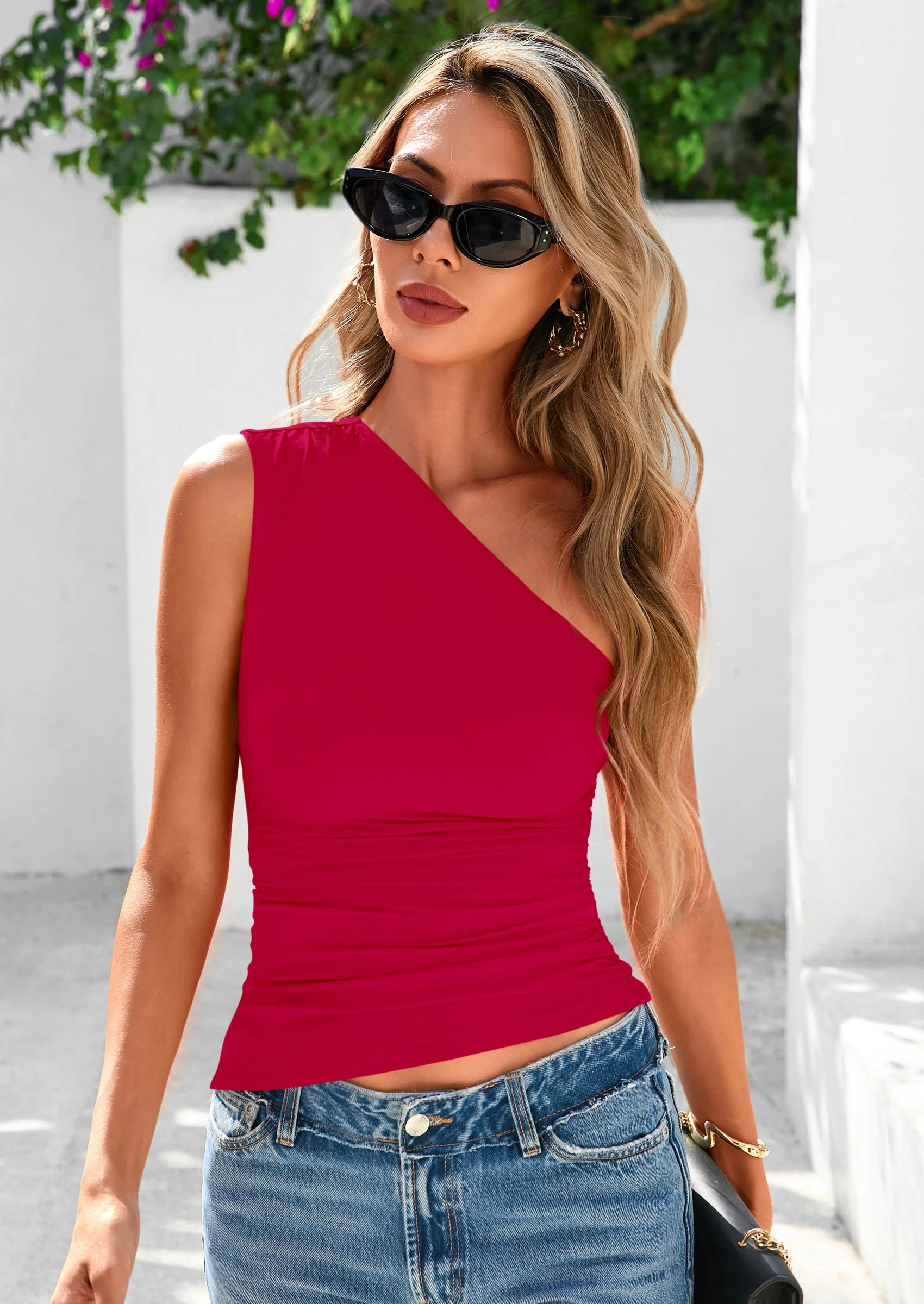 PRETTYGARDEN Womens Summer Y2K Tops Sleeveless One Shoulder Slim Fit Shirts Ruched Knit Asymmetrical Top Blouse - Image 23