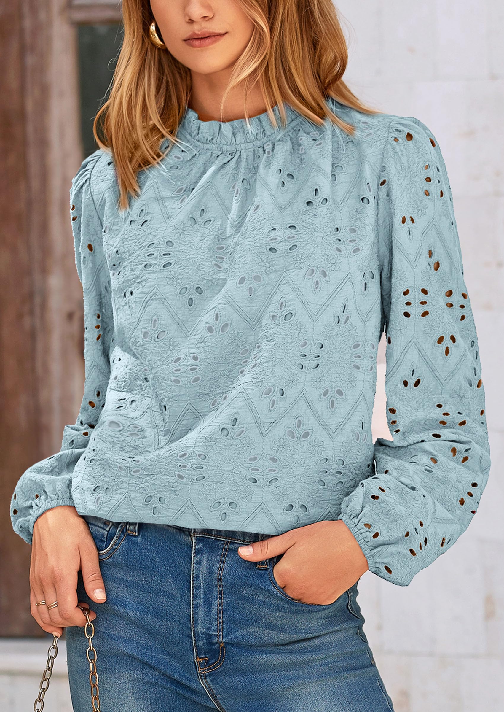 PRETTYGARDEN Womens Tops Dressy Casual Spring Long Sleeve Shirts Embroidered Eyelet Blouses Going Out Outfits - Image 16