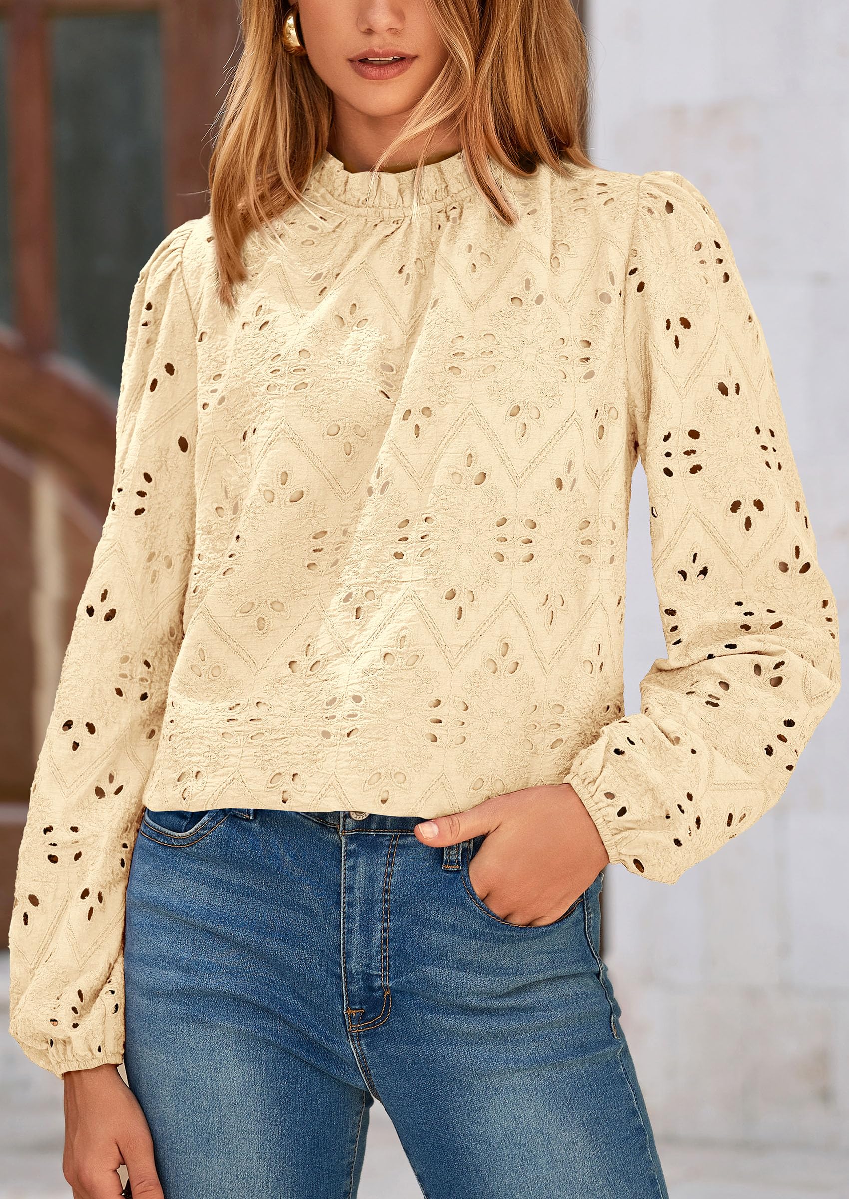 PRETTYGARDEN Womens Tops Dressy Casual Spring Long Sleeve Shirts Embroidered Eyelet Blouses Going Out Outfits - Image 3