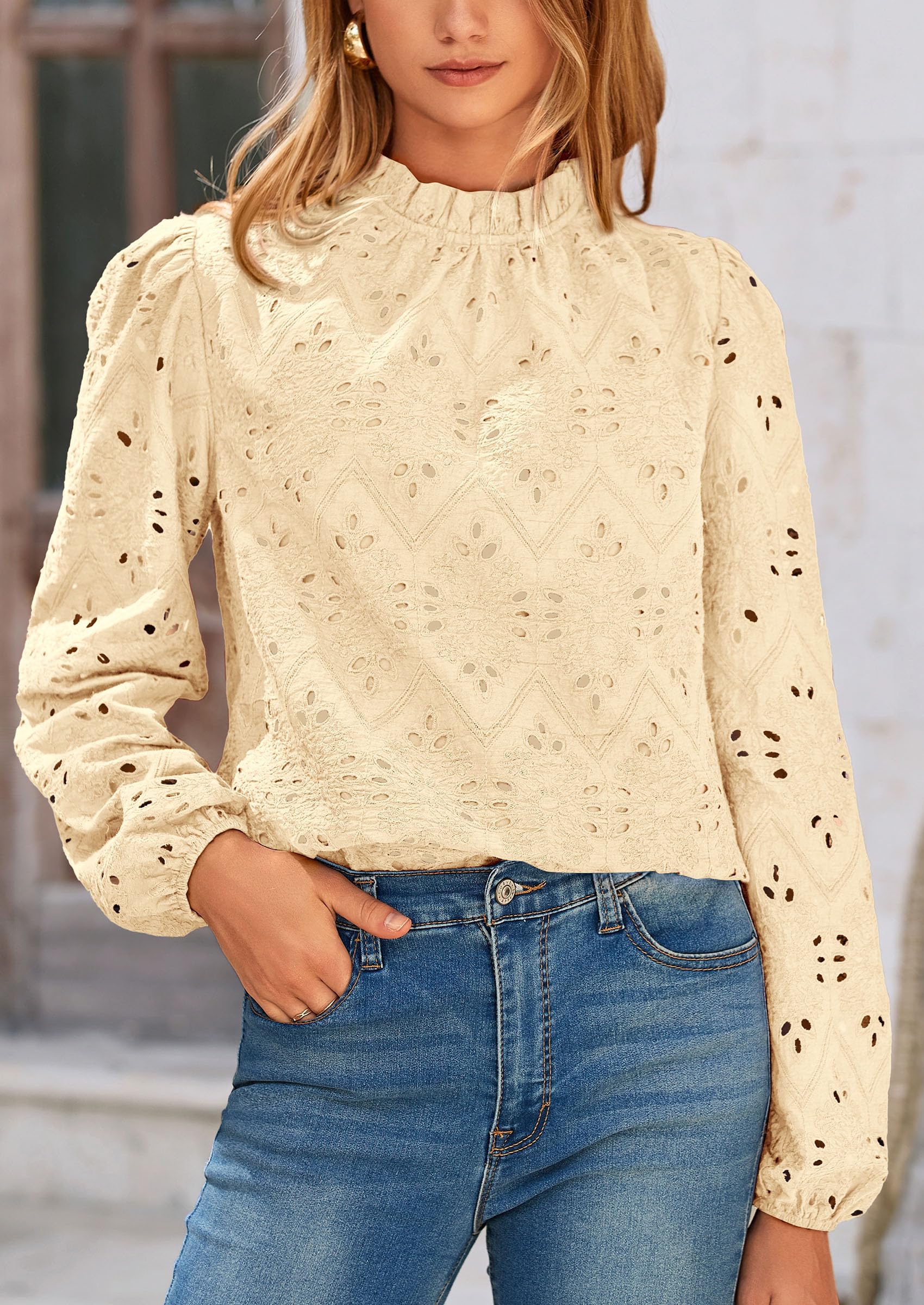 PRETTYGARDEN Womens Tops Dressy Casual Spring Long Sleeve Shirts Embroidered Eyelet Blouses Going Out Outfits - Image 5