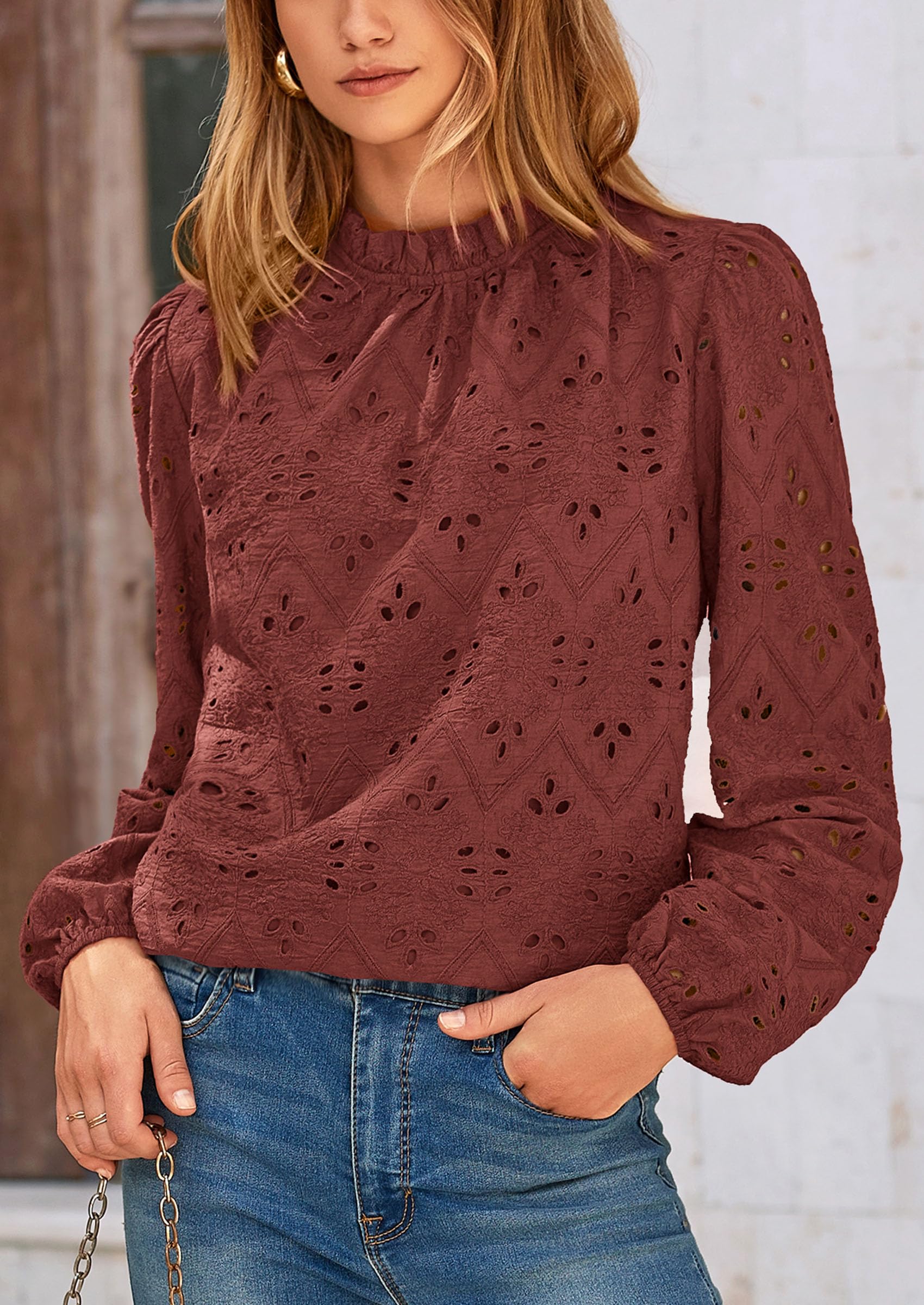 PRETTYGARDEN Womens Tops Dressy Casual Spring Long Sleeve Shirts Embroidered Eyelet Blouses Going Out Outfits - Image 57