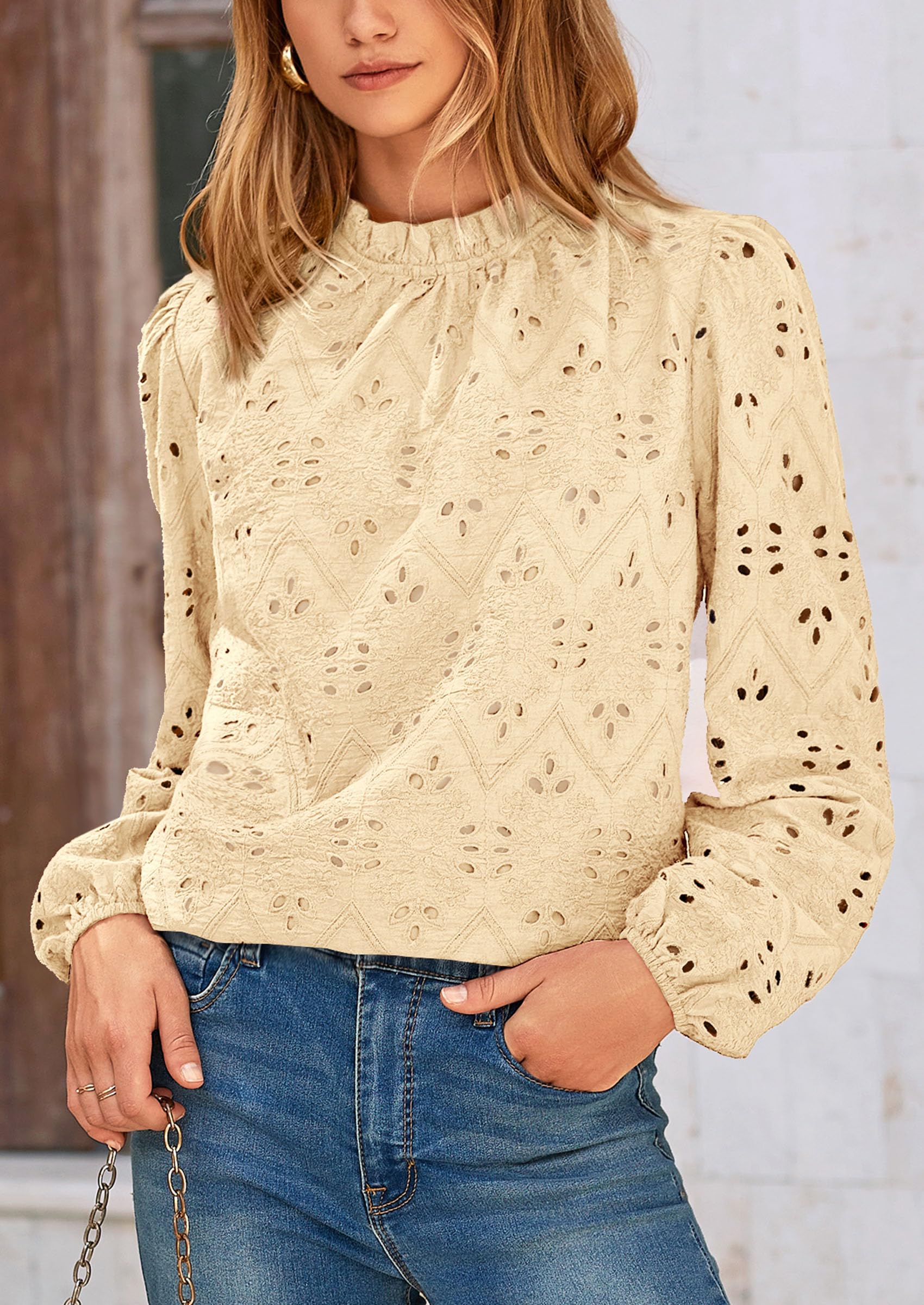 PRETTYGARDEN Womens Tops Dressy Casual Spring Long Sleeve Shirts Embroidered Eyelet Blouses Going Out Outfits - Image 6