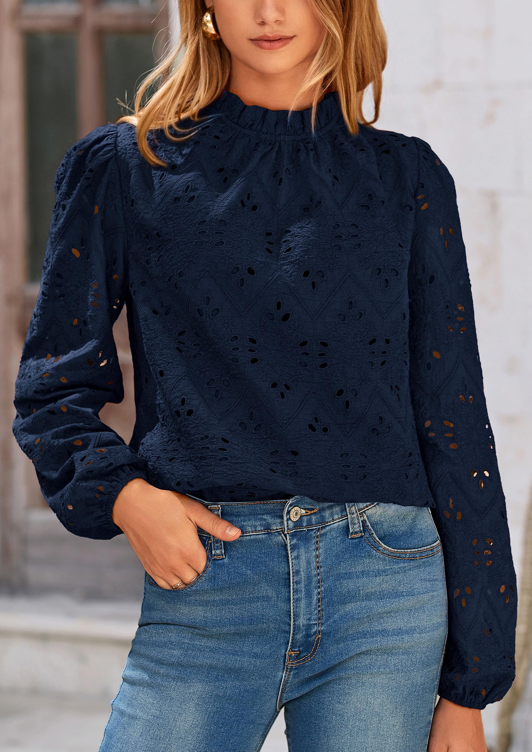 PRETTYGARDEN Womens Tops Dressy Casual Spring Long Sleeve Shirts Embroidered Eyelet Blouses Going Out Outfits - Image 70