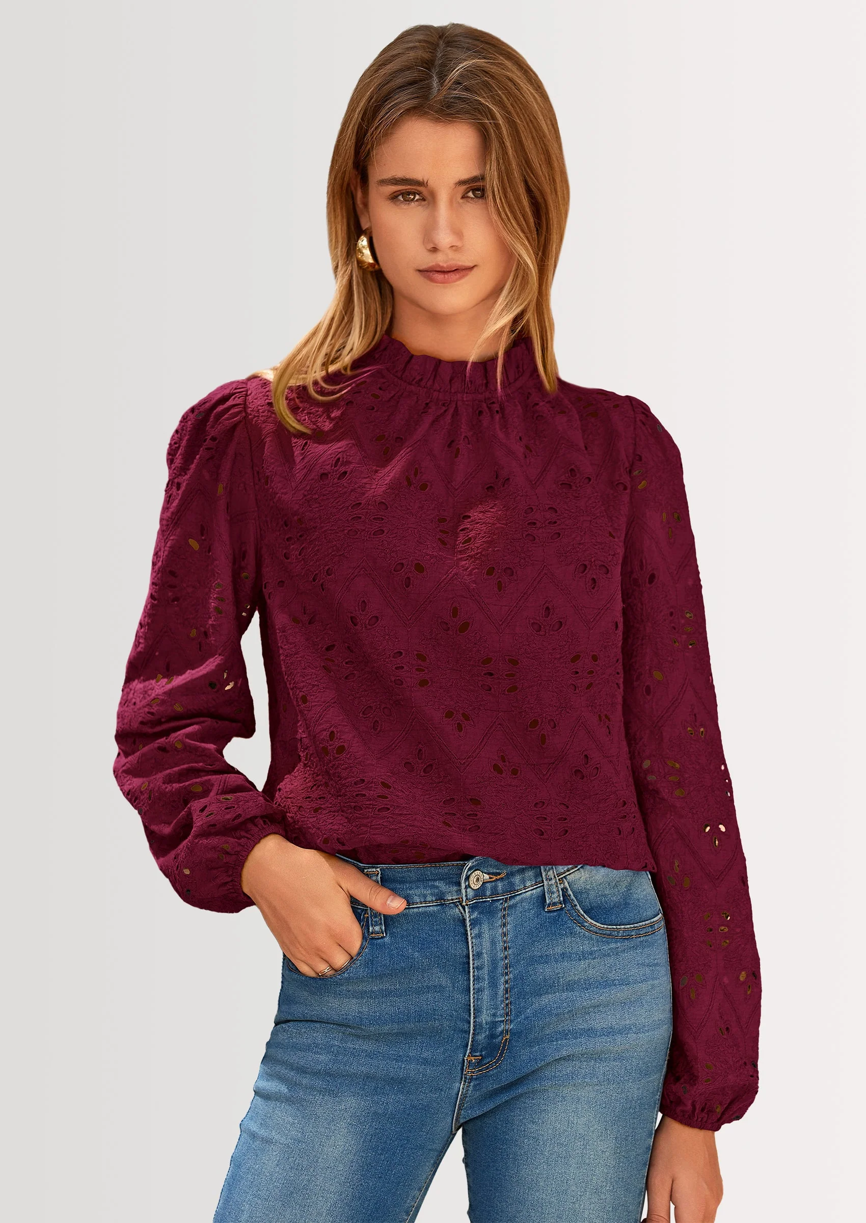 PRETTYGARDEN Womens Tops Dressy Casual Spring Long Sleeve Shirts Embroidered Eyelet Blouses Going Out Outfits - Image 86