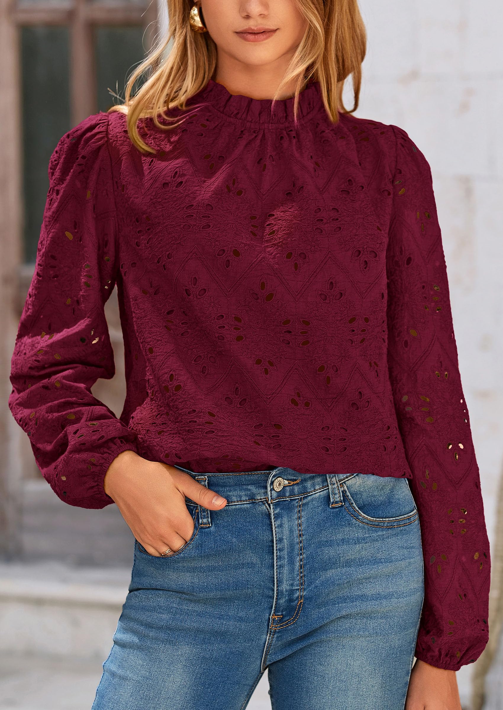 PRETTYGARDEN Womens Tops Dressy Casual Spring Long Sleeve Shirts Embroidered Eyelet Blouses Going Out Outfits - Image 88