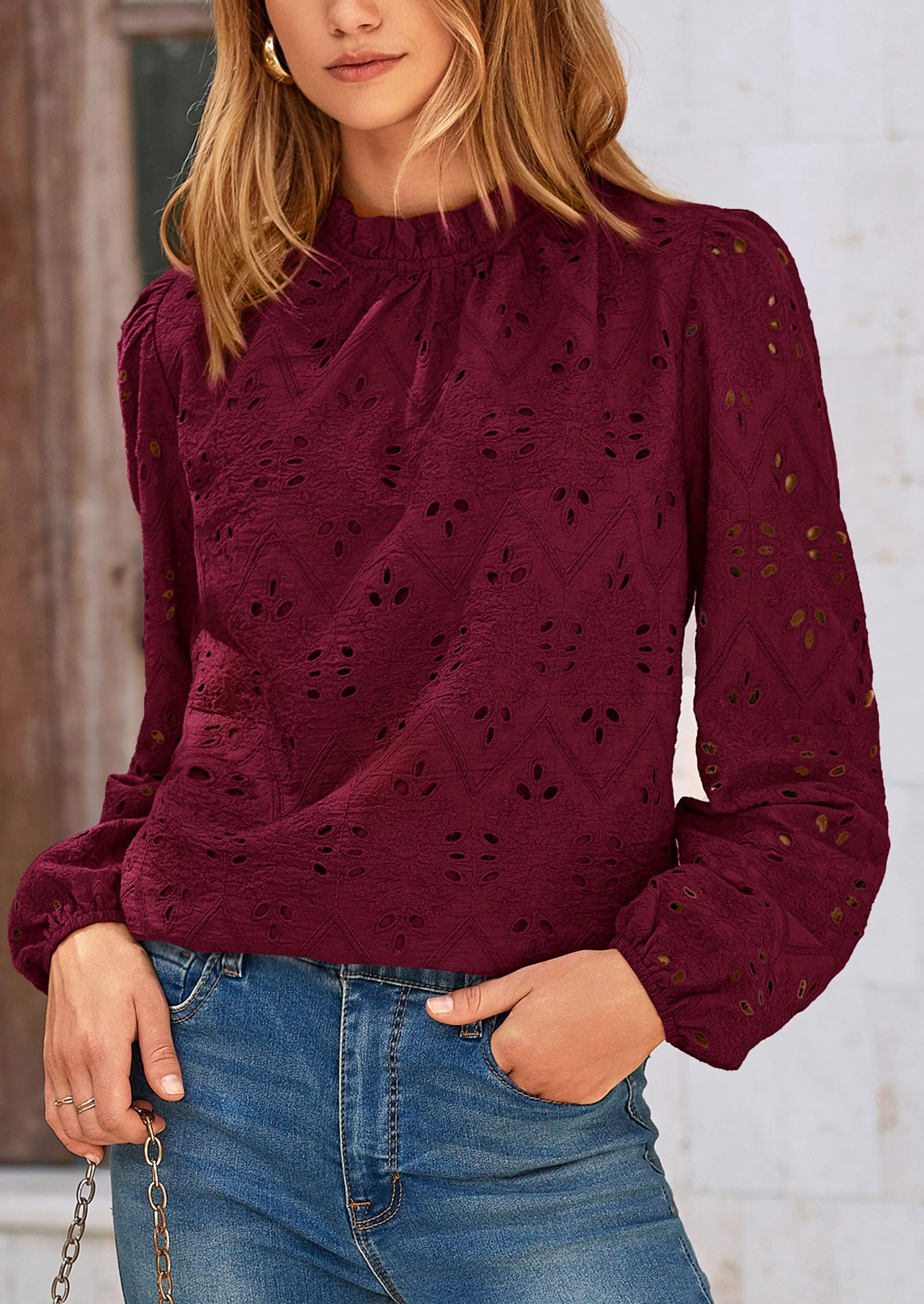 PRETTYGARDEN Womens Tops Dressy Casual Spring Long Sleeve Shirts Embroidered Eyelet Blouses Going Out Outfits - Image 89