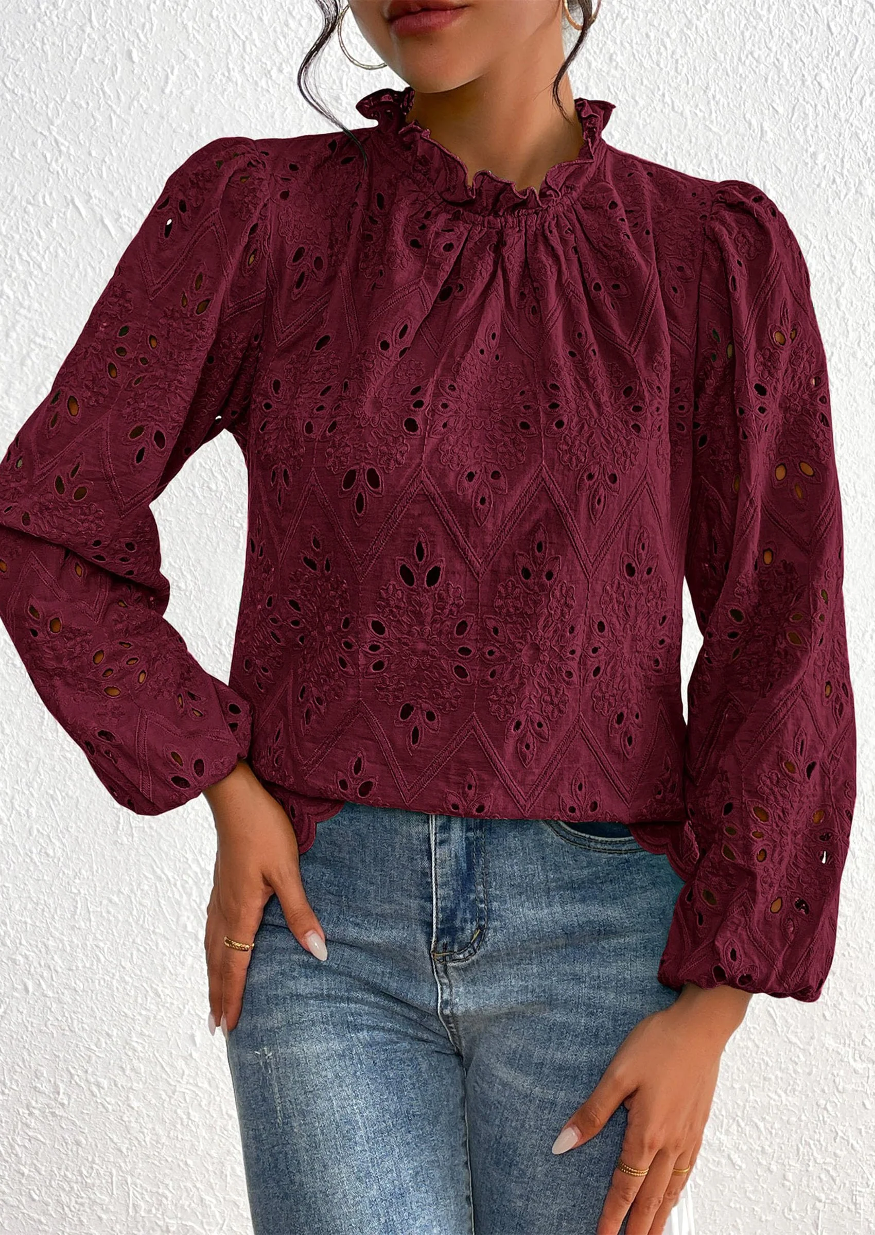 PRETTYGARDEN Womens Tops Dressy Casual Spring Long Sleeve Shirts Embroidered Eyelet Blouses Going Out Outfits - Image 91