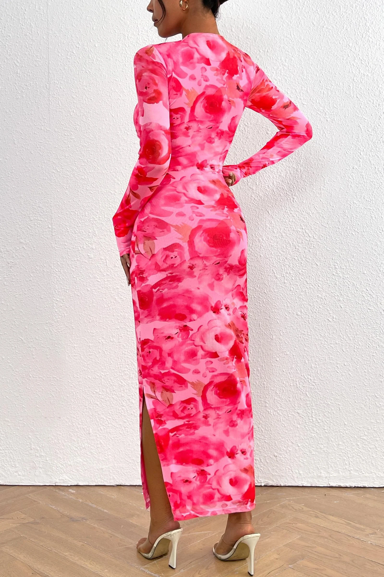 PRETTYGARDEN Women's Bodycon Maxi Dress Fall Spring Fashion Long Sleeve Floral Print Tight Fitted Party Club Ruched Dresses - Image 16