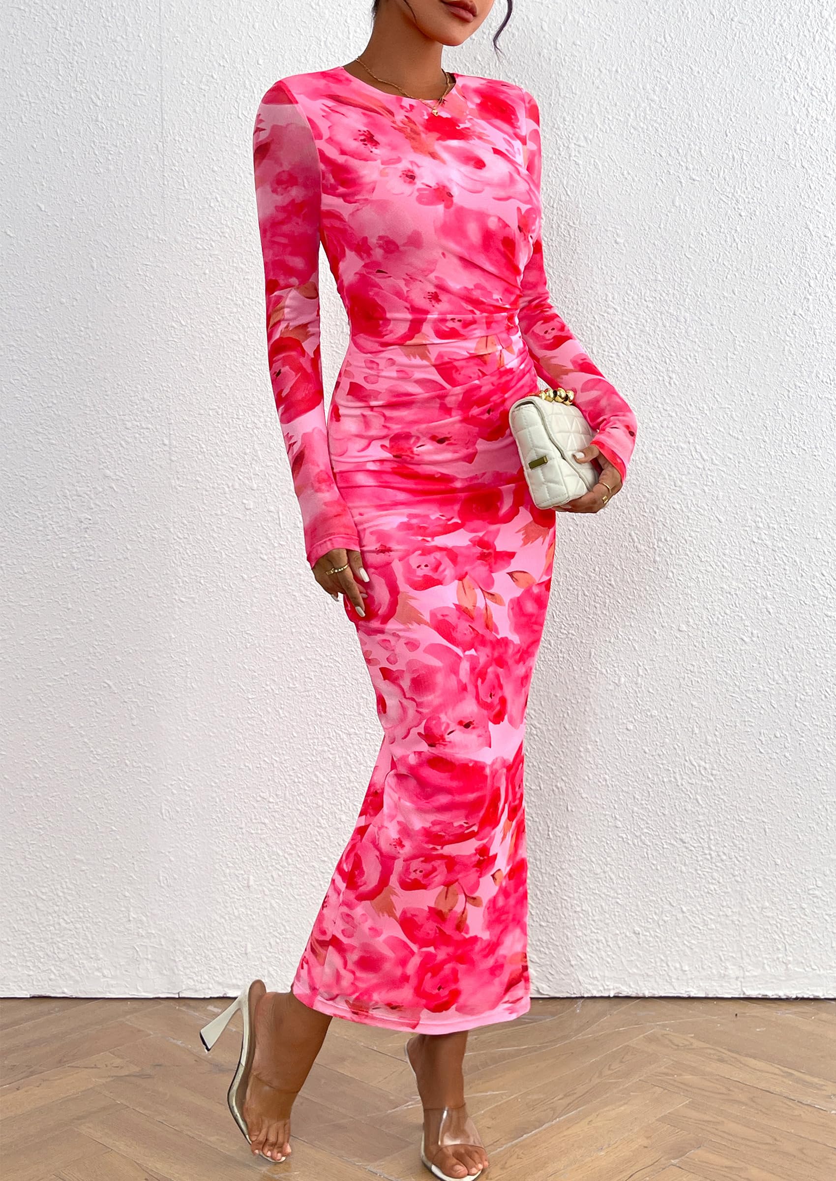 PRETTYGARDEN Women's Bodycon Maxi Dress Fall Spring Fashion Long Sleeve Floral Print Tight Fitted Party Club Ruched Dresses - Image 17