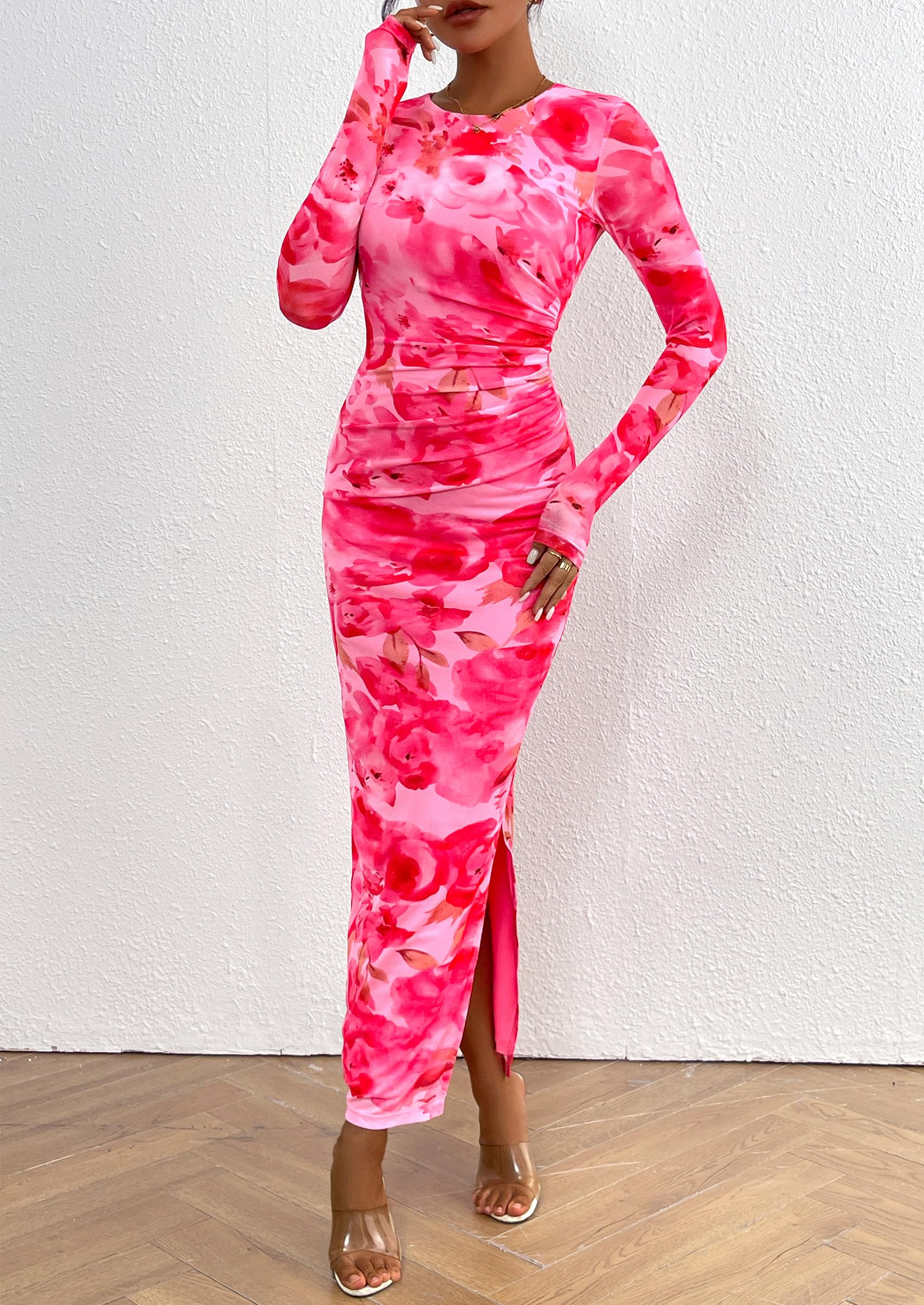 PRETTYGARDEN Women's Bodycon Maxi Dress Fall Spring Fashion Long Sleeve Floral Print Tight Fitted Party Club Ruched Dresses - Image 18