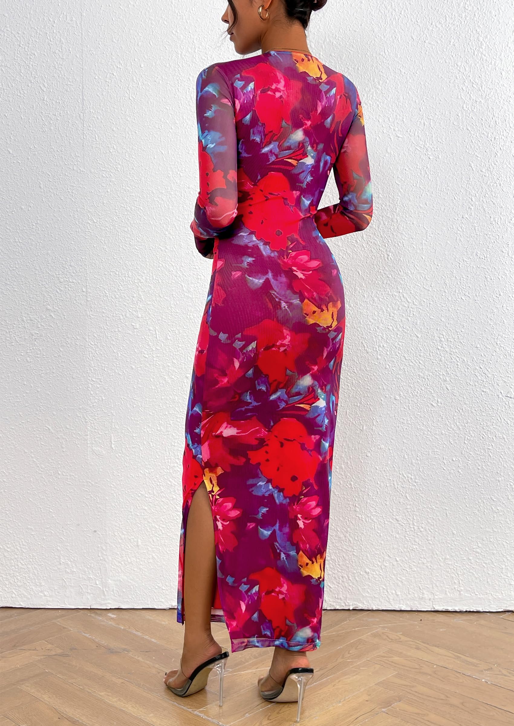 PRETTYGARDEN Women's Bodycon Maxi Dress Fall Spring Fashion Long Sleeve Floral Print Tight Fitted Party Club Ruched Dresses - Image 23