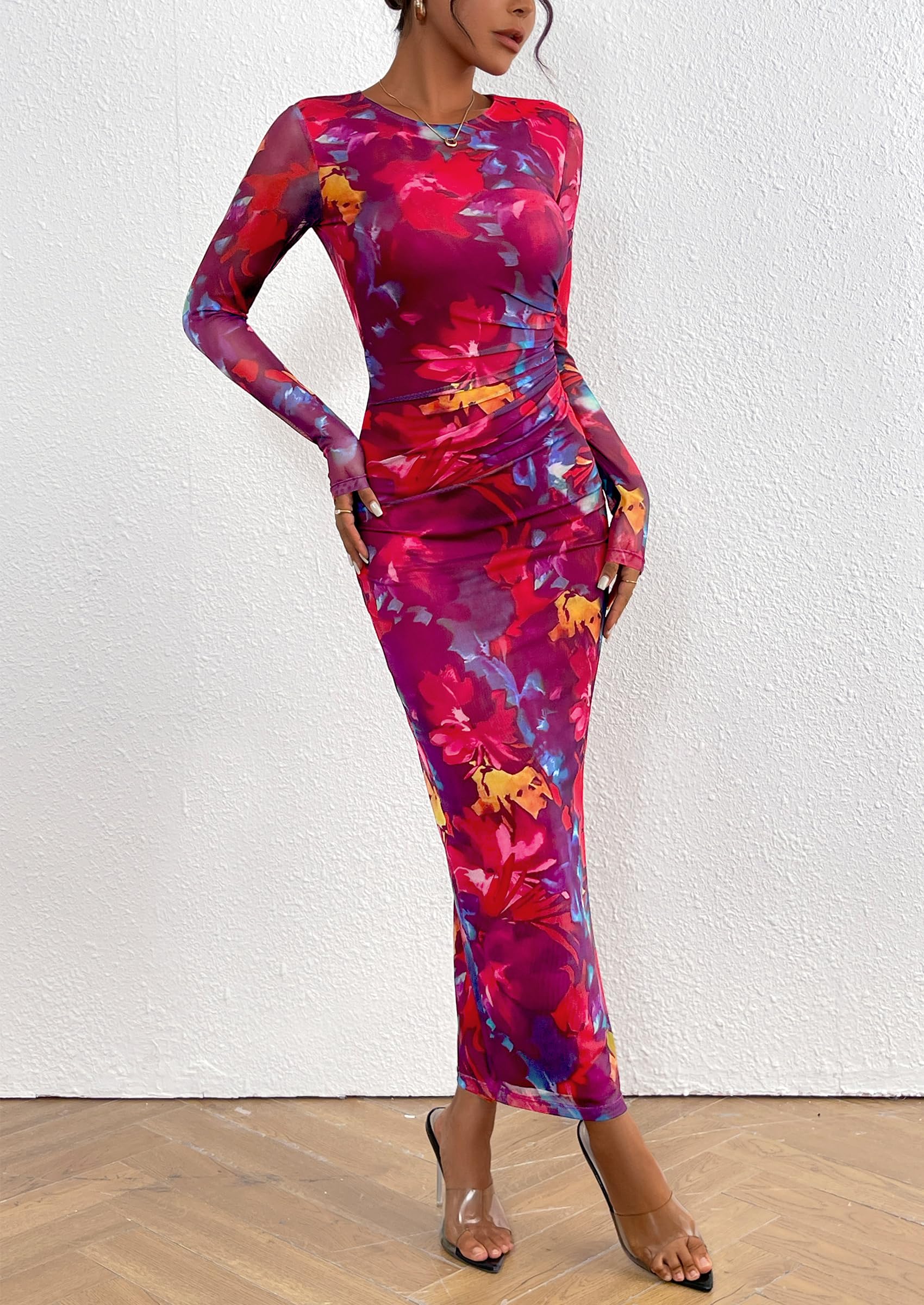 PRETTYGARDEN Women's Bodycon Maxi Dress Fall Spring Fashion Long Sleeve Floral Print Tight Fitted Party Club Ruched Dresses - Image 28