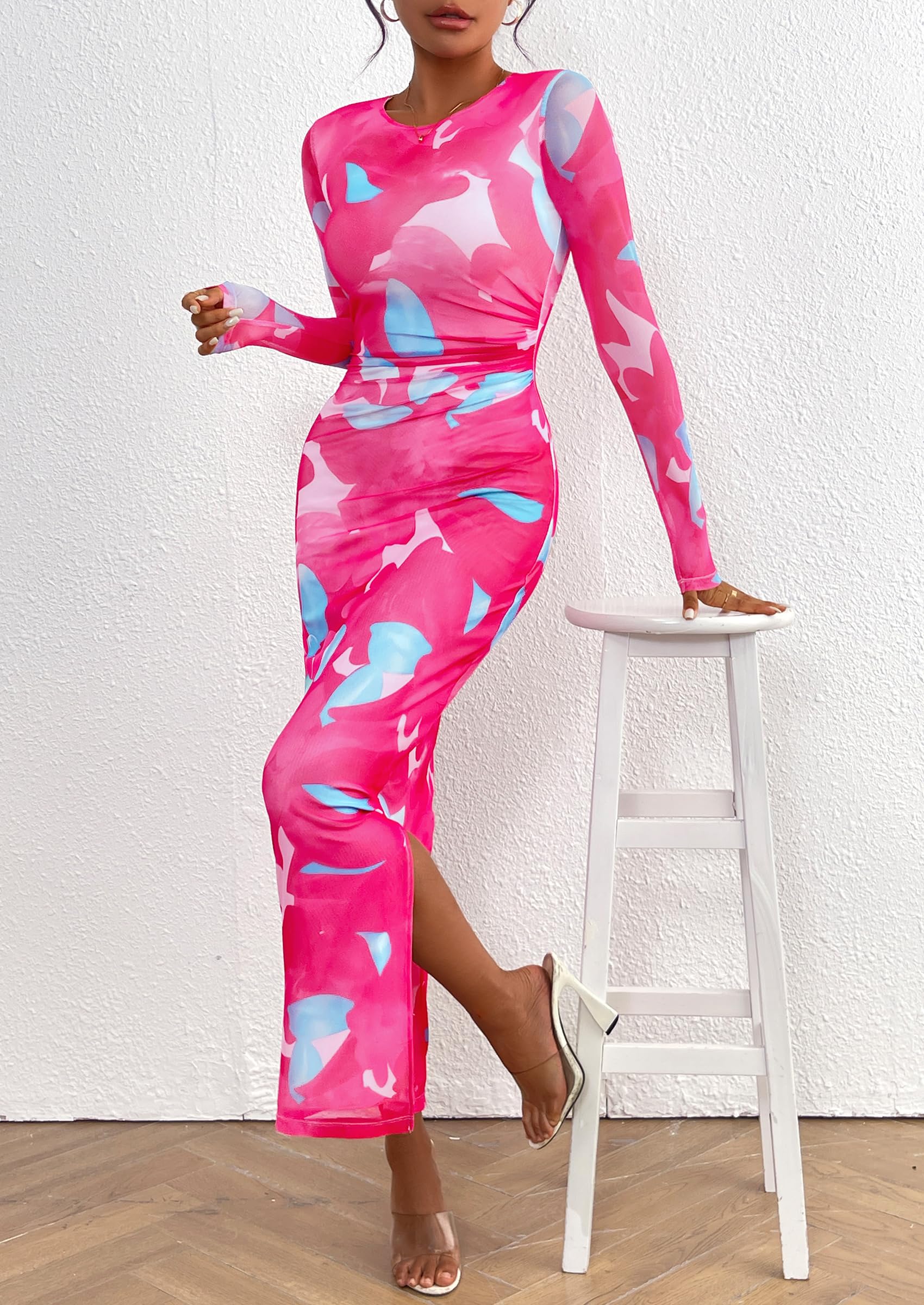 PRETTYGARDEN Women's Bodycon Maxi Dress Fall Spring Fashion Long Sleeve Floral Print Tight Fitted Party Club Ruched Dresses - Image 34