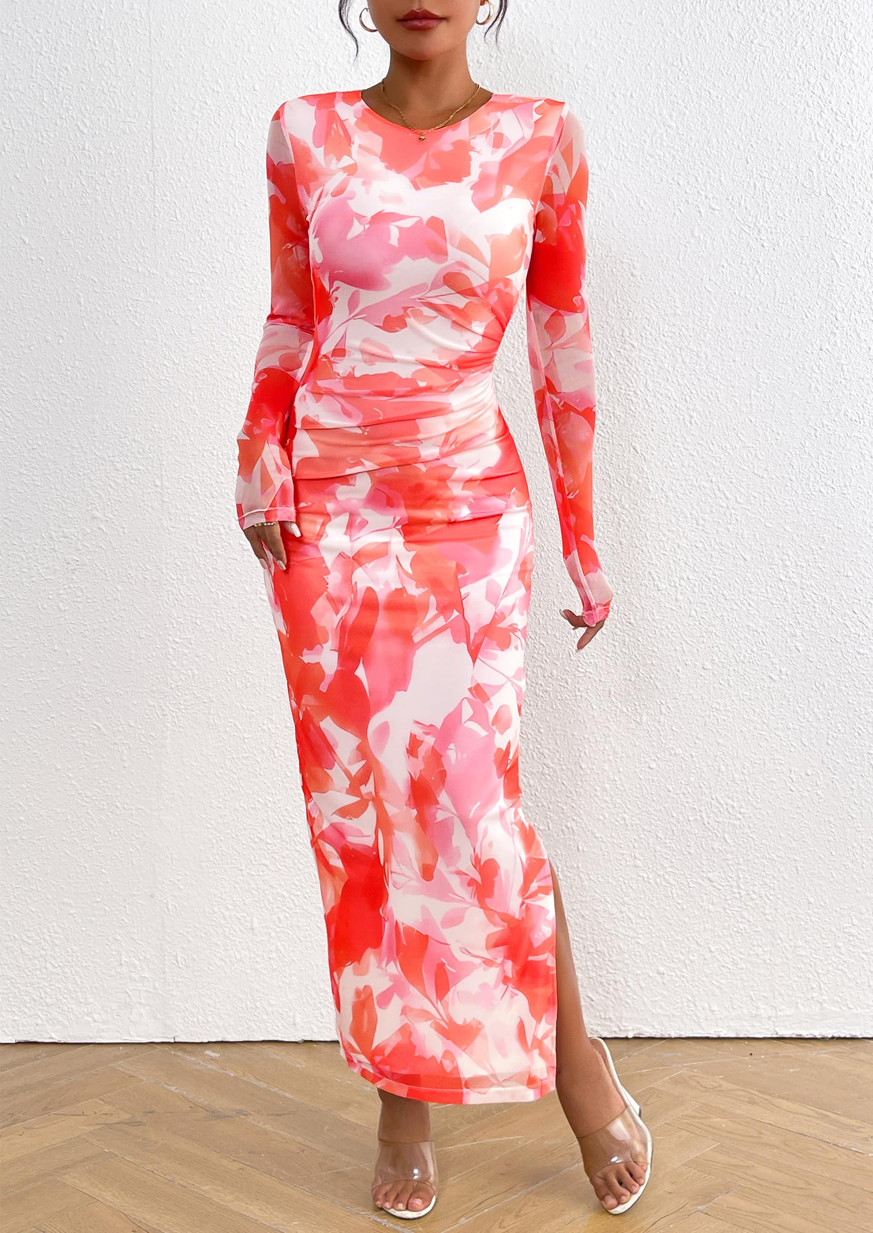 PRETTYGARDEN Women's Bodycon Maxi Dress Fall Spring Fashion Long Sleeve Floral Print Tight Fitted Party Club Ruched Dresses - Image 45