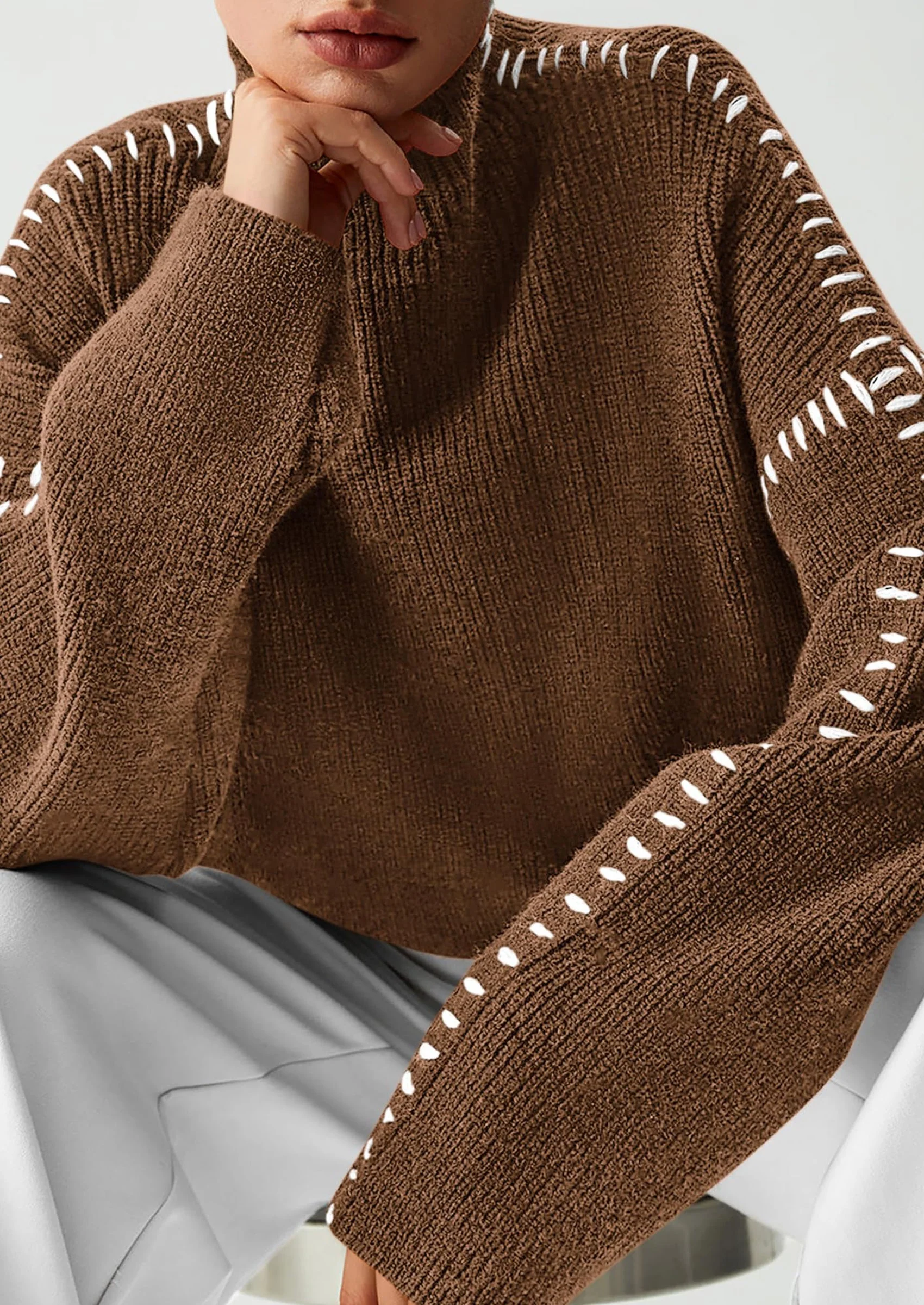 PRETTYGARDEN Women's Chunky Knit Sweaters Fall Long Sleeve Mock Neck Oversized Pullover Tops Winter Fashion Clothes - Image 6