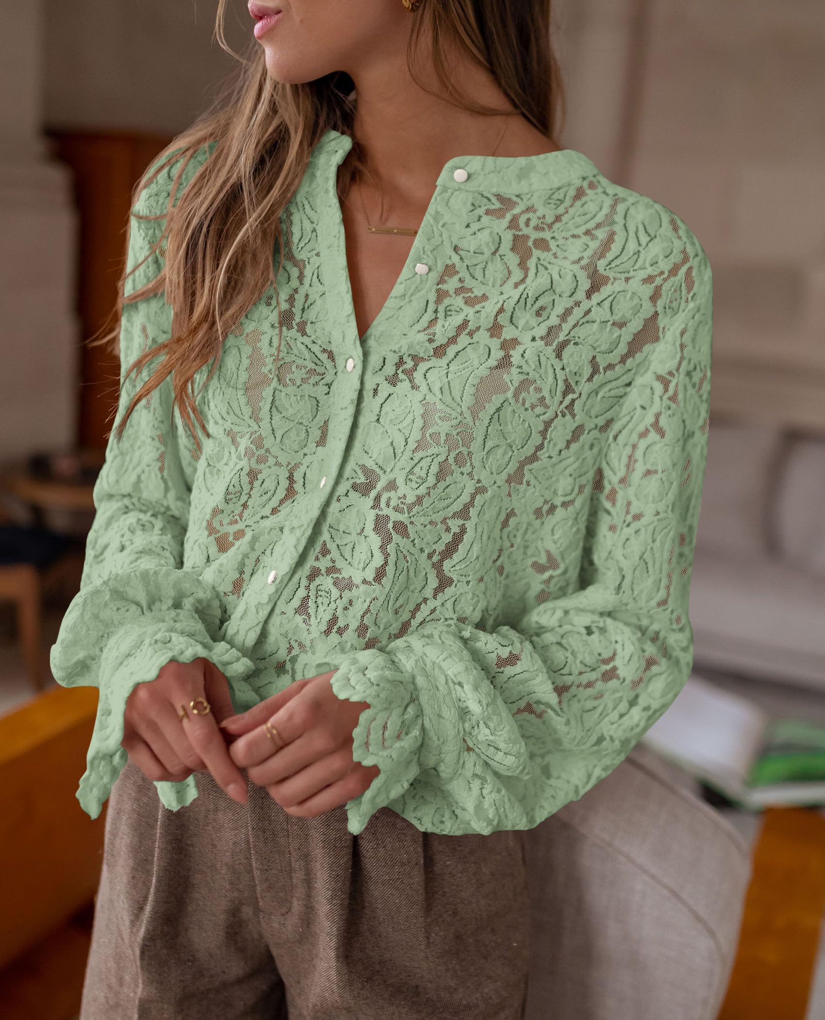 PRETTYGARDEN Women's Dressy Casual Lace Blouse Long Sleeve Button Up Shirts Tops Spring Fall Fashion Clothes - Image 100