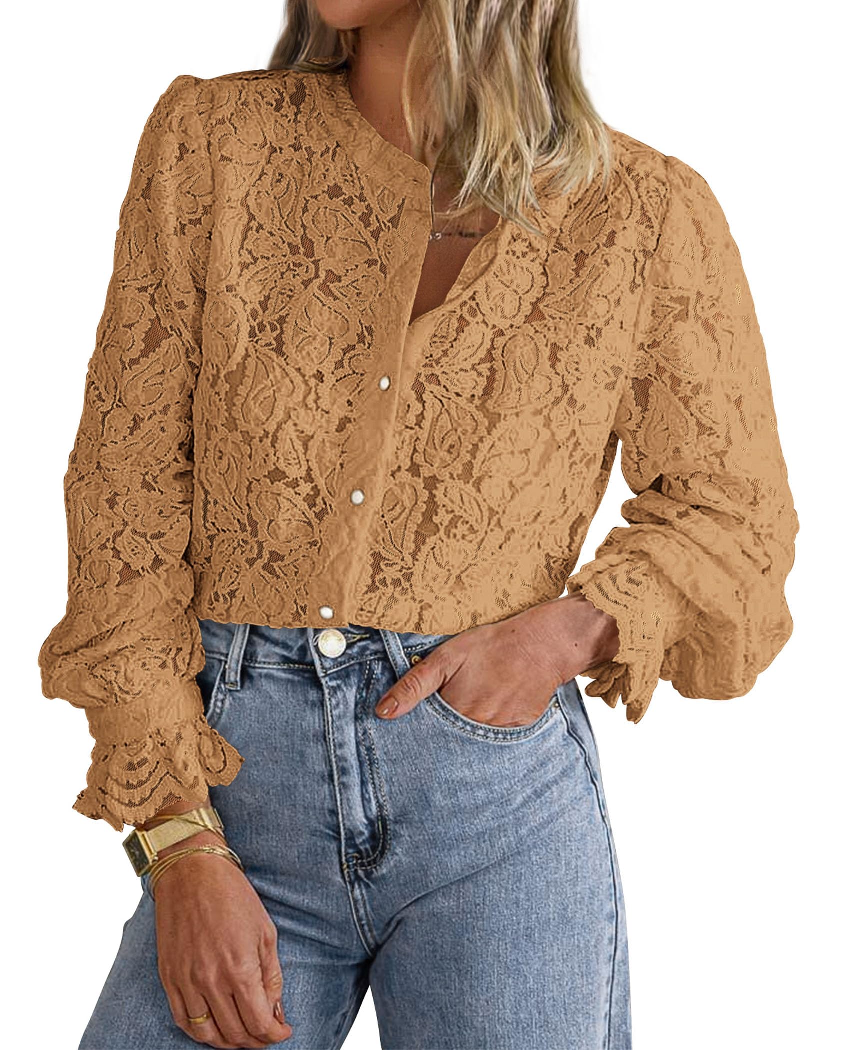 PRETTYGARDEN Women's Dressy Casual Lace Blouse Long Sleeve Button Up Shirts Tops Spring Fall Fashion Clothes - Image 101