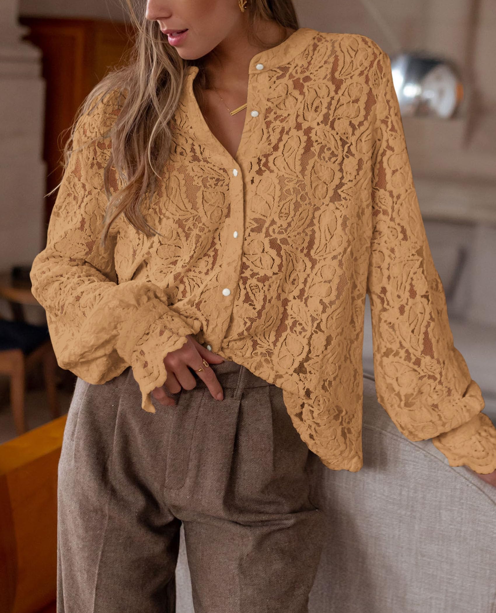 PRETTYGARDEN Women's Dressy Casual Lace Blouse Long Sleeve Button Up Shirts Tops Spring Fall Fashion Clothes - Image 103