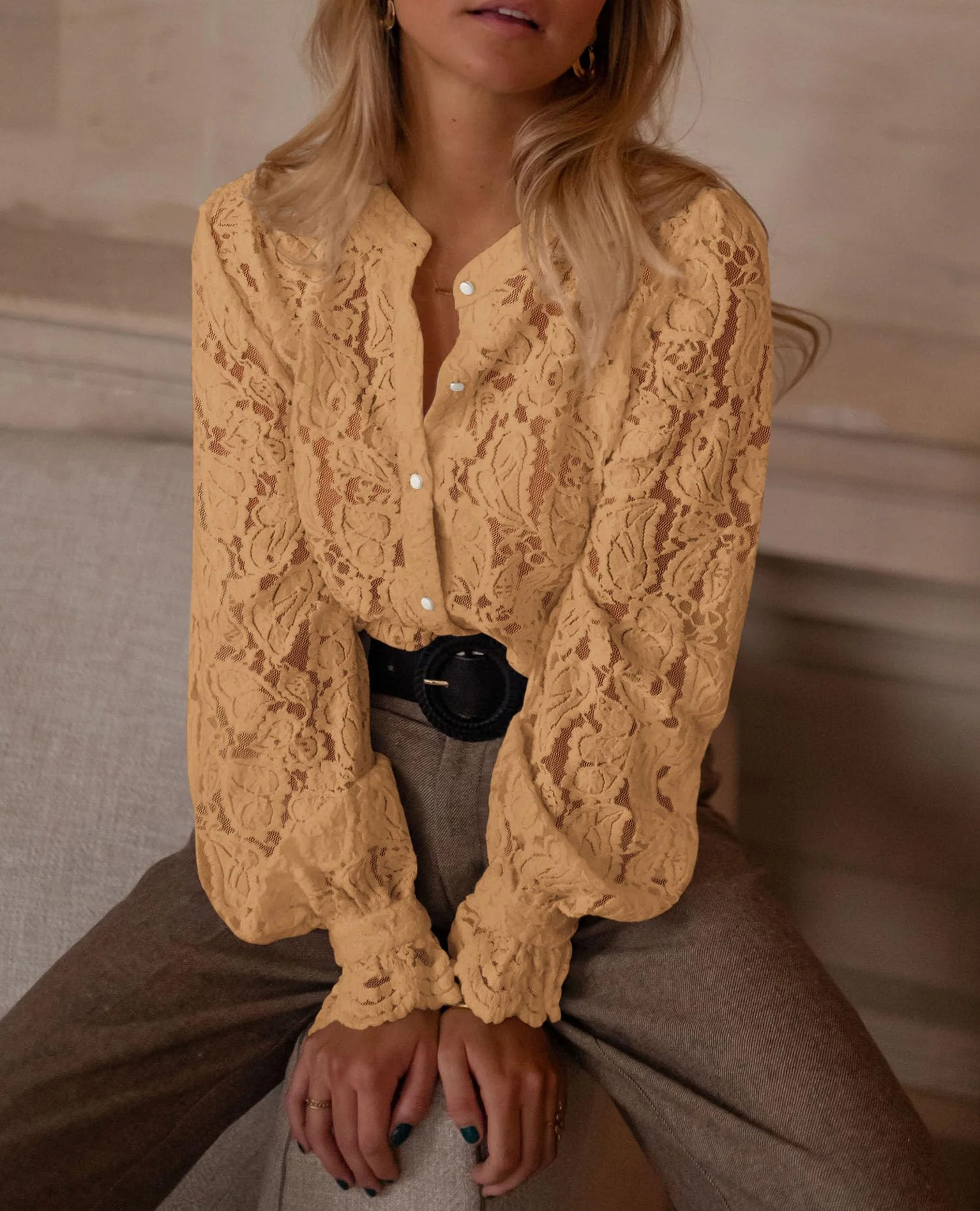 PRETTYGARDEN Women's Dressy Casual Lace Blouse Long Sleeve Button Up Shirts Tops Spring Fall Fashion Clothes - Image 104