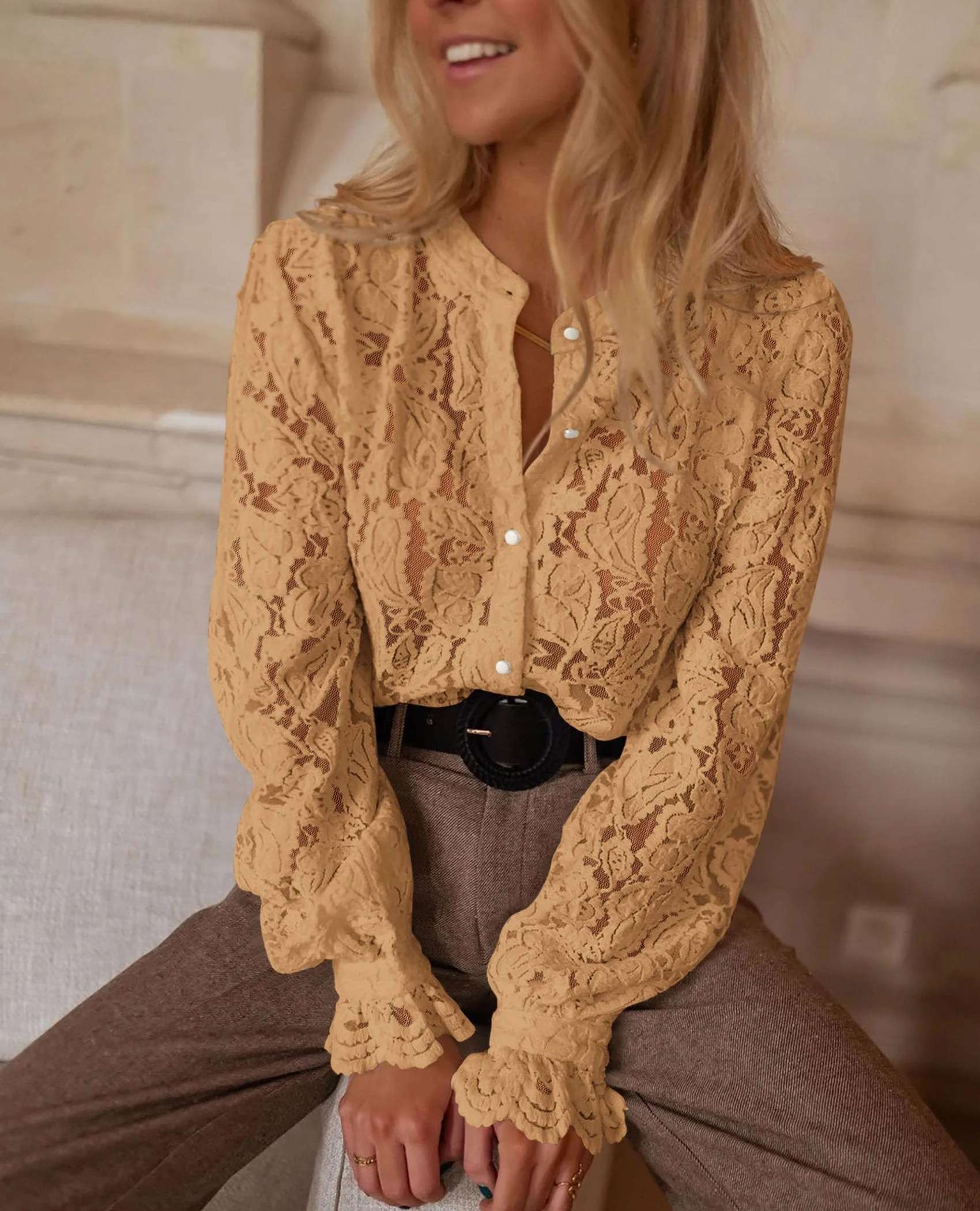 PRETTYGARDEN Women's Dressy Casual Lace Blouse Long Sleeve Button Up Shirts Tops Spring Fall Fashion Clothes - Image 106