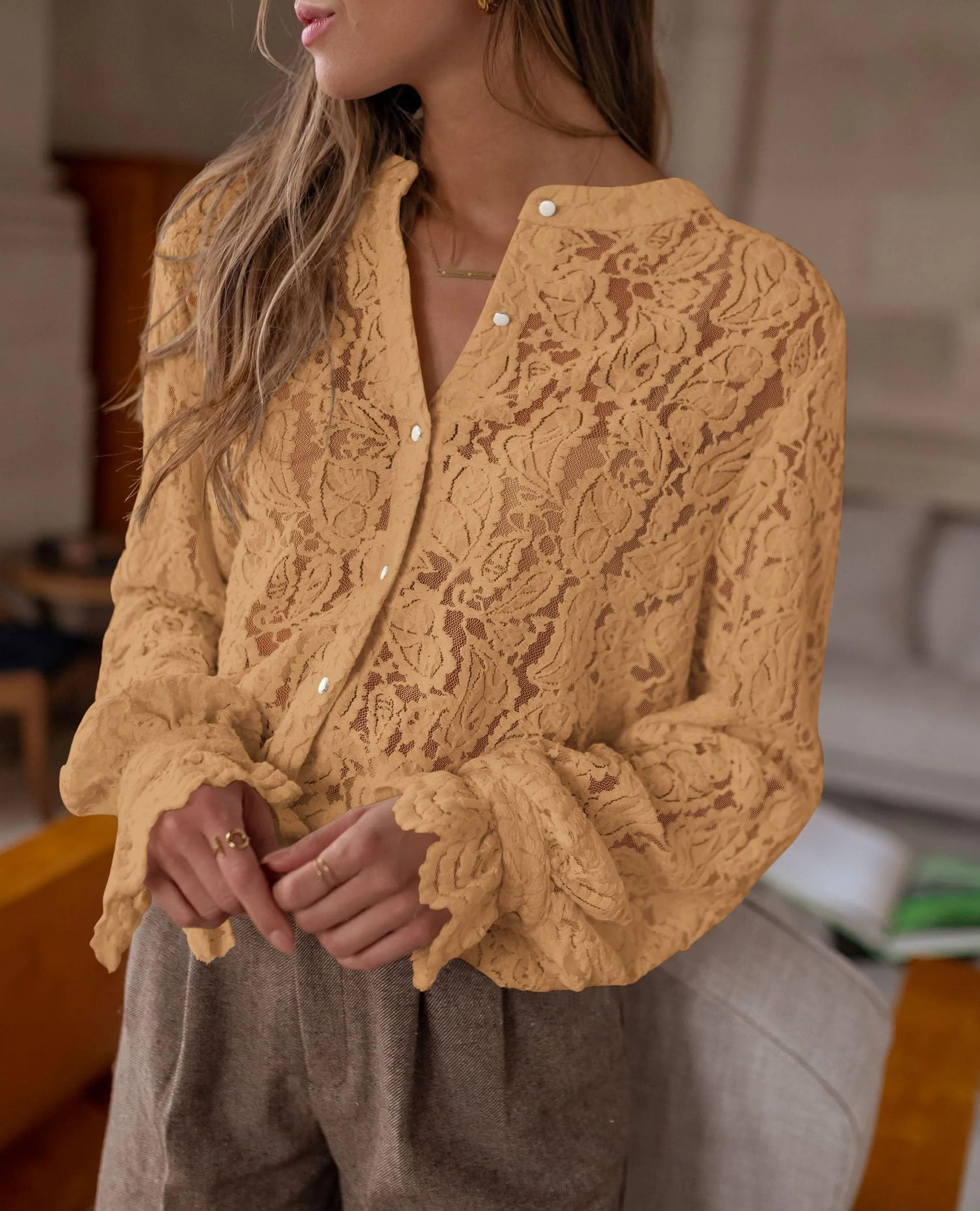 PRETTYGARDEN Women's Dressy Casual Lace Blouse Long Sleeve Button Up Shirts Tops Spring Fall Fashion Clothes - Image 107