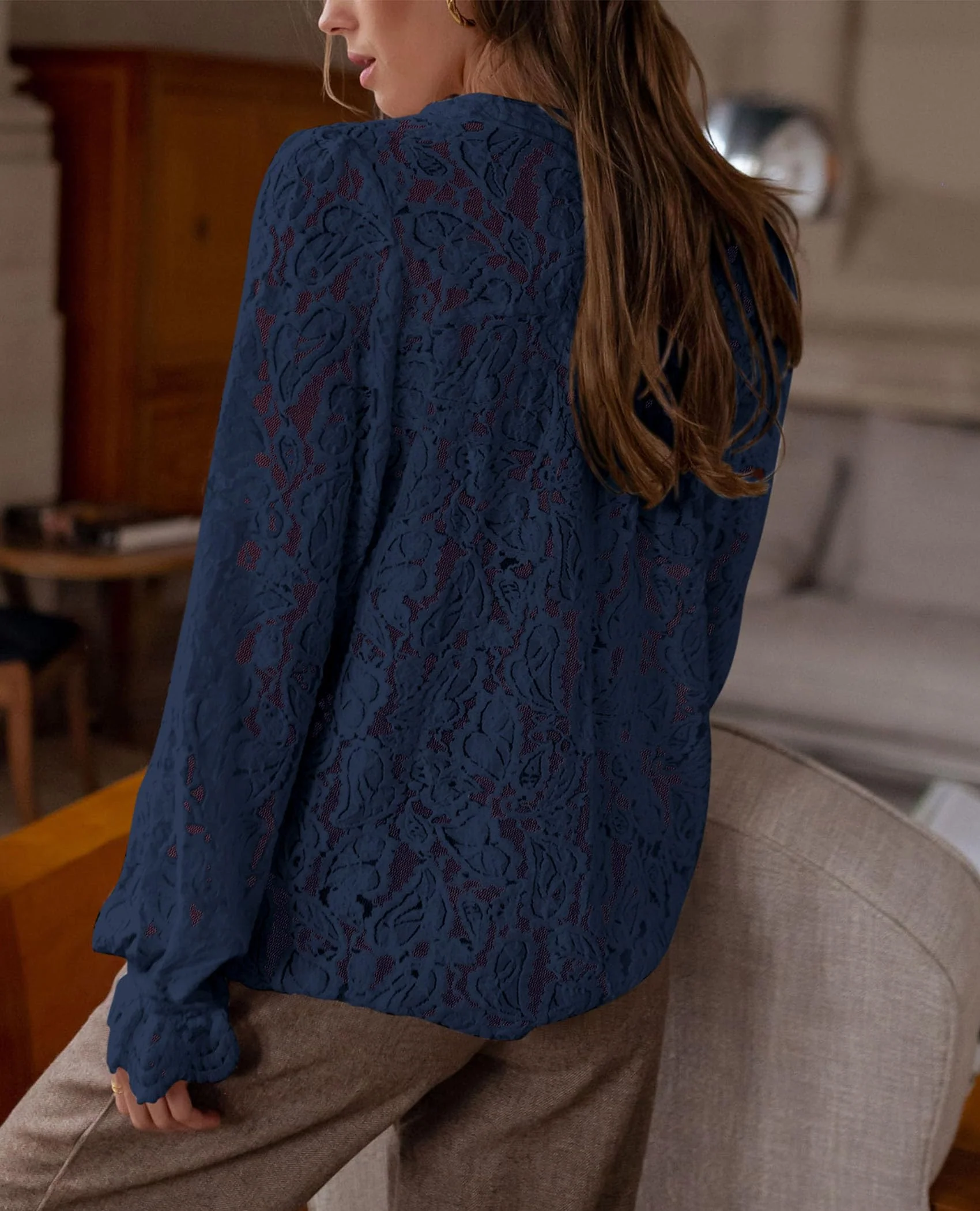 PRETTYGARDEN Women's Dressy Casual Lace Blouse Long Sleeve Button Up Shirts Tops Spring Fall Fashion Clothes - Image 108