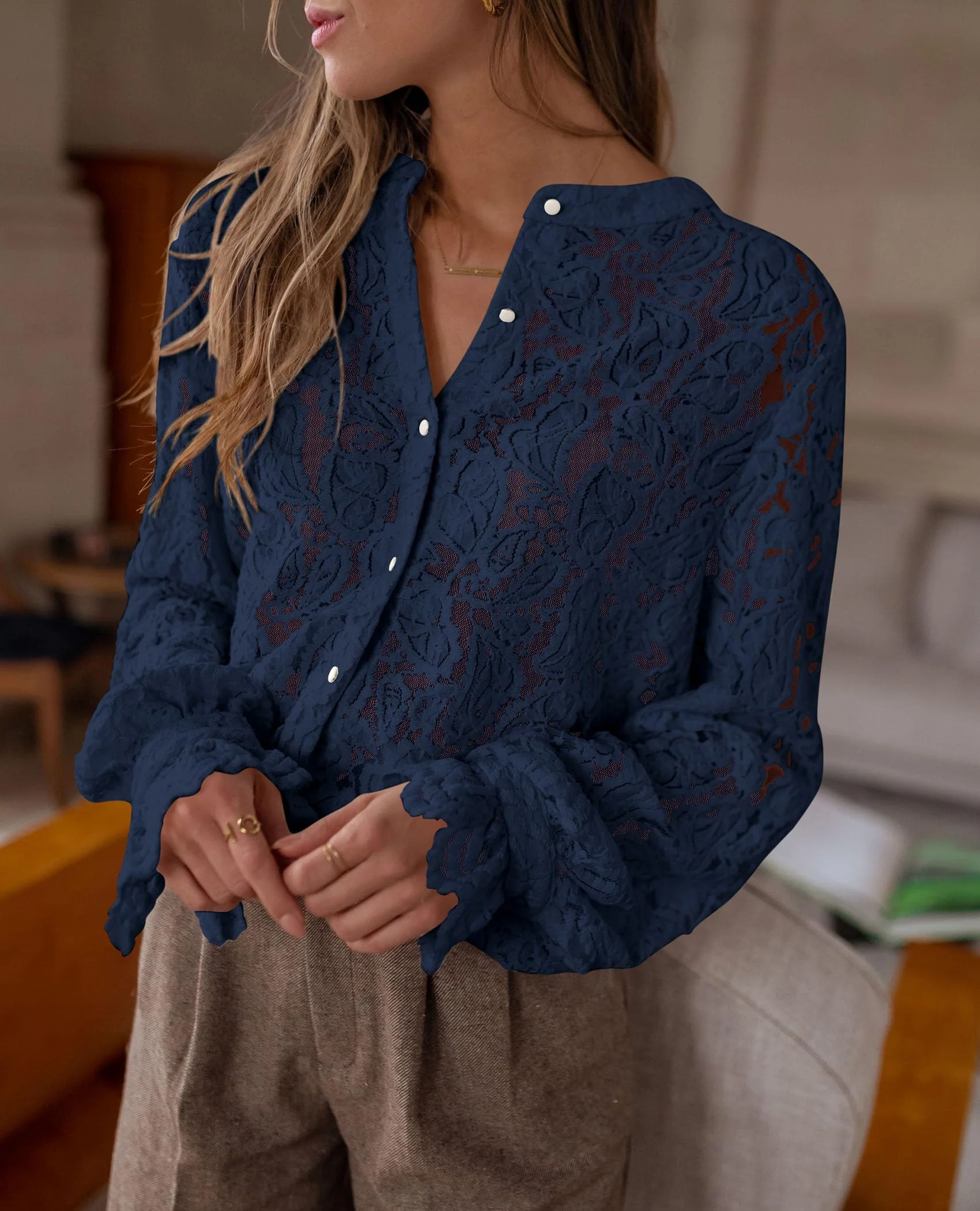 PRETTYGARDEN Women's Dressy Casual Lace Blouse Long Sleeve Button Up Shirts Tops Spring Fall Fashion Clothes - Image 109