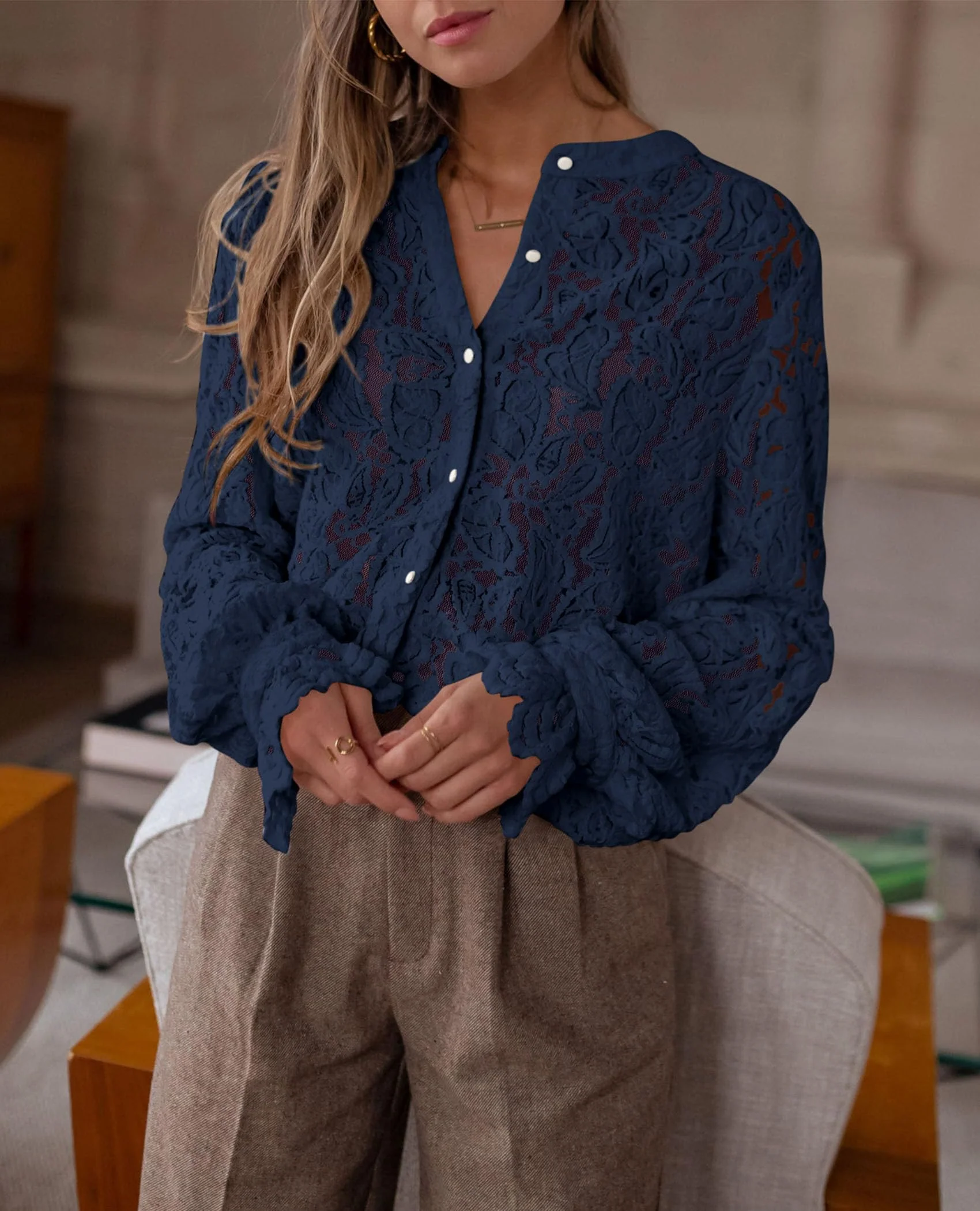 PRETTYGARDEN Women's Dressy Casual Lace Blouse Long Sleeve Button Up Shirts Tops Spring Fall Fashion Clothes - Image 111