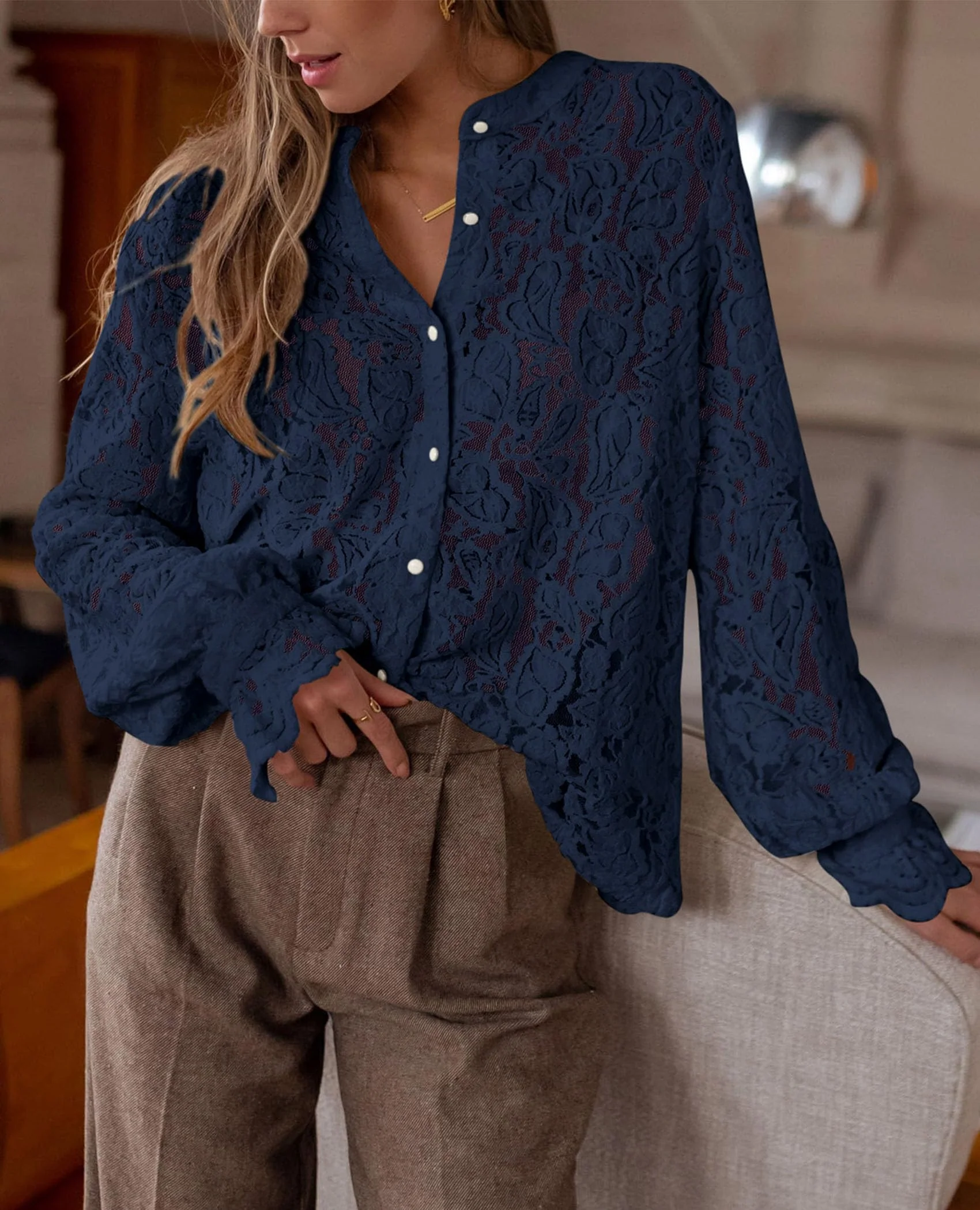 PRETTYGARDEN Women's Dressy Casual Lace Blouse Long Sleeve Button Up Shirts Tops Spring Fall Fashion Clothes - Image 113