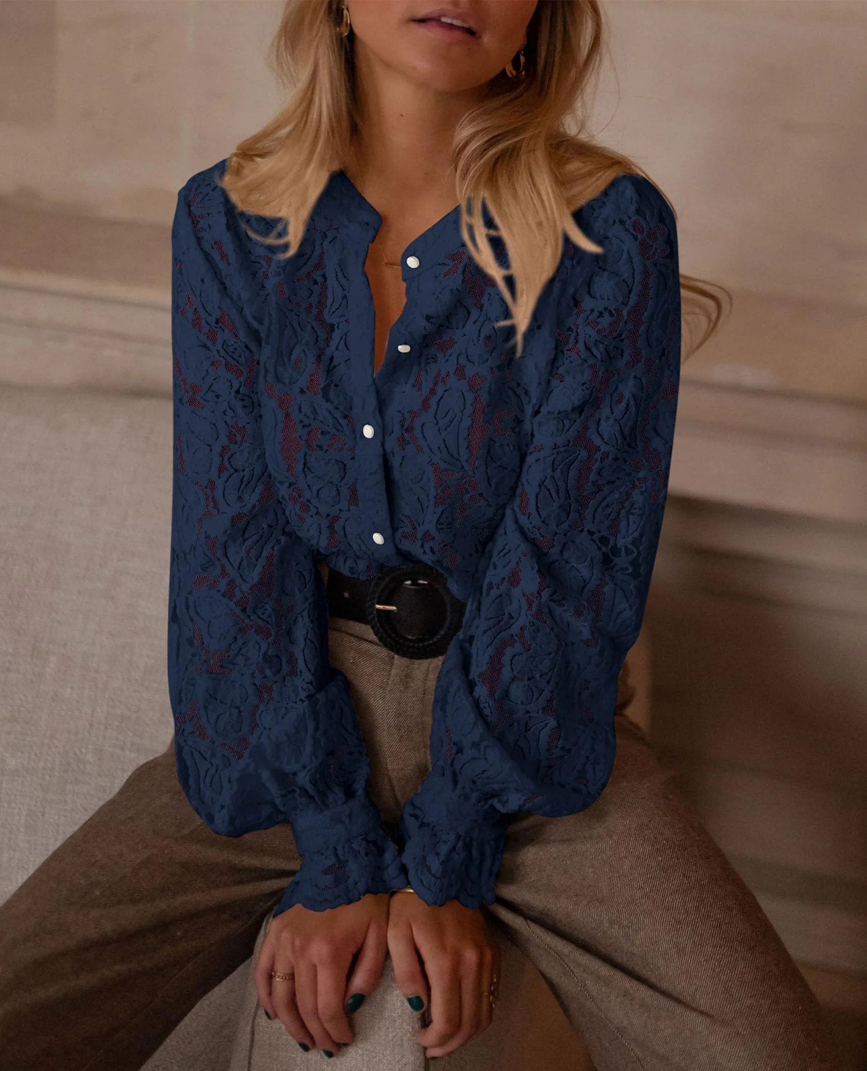 PRETTYGARDEN Women's Dressy Casual Lace Blouse Long Sleeve Button Up Shirts Tops Spring Fall Fashion Clothes - Image 114