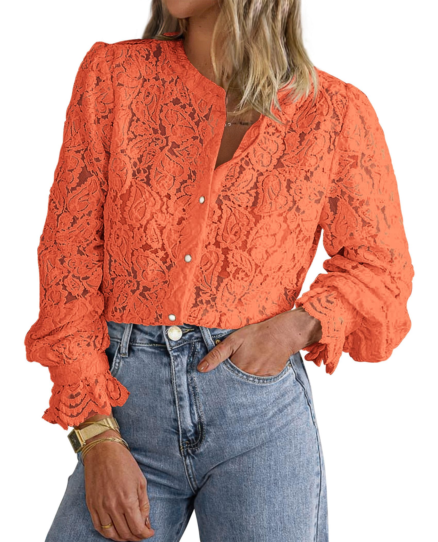 PRETTYGARDEN Women's Dressy Casual Lace Blouse Long Sleeve Button Up Shirts Tops Spring Fall Fashion Clothes - Image 115