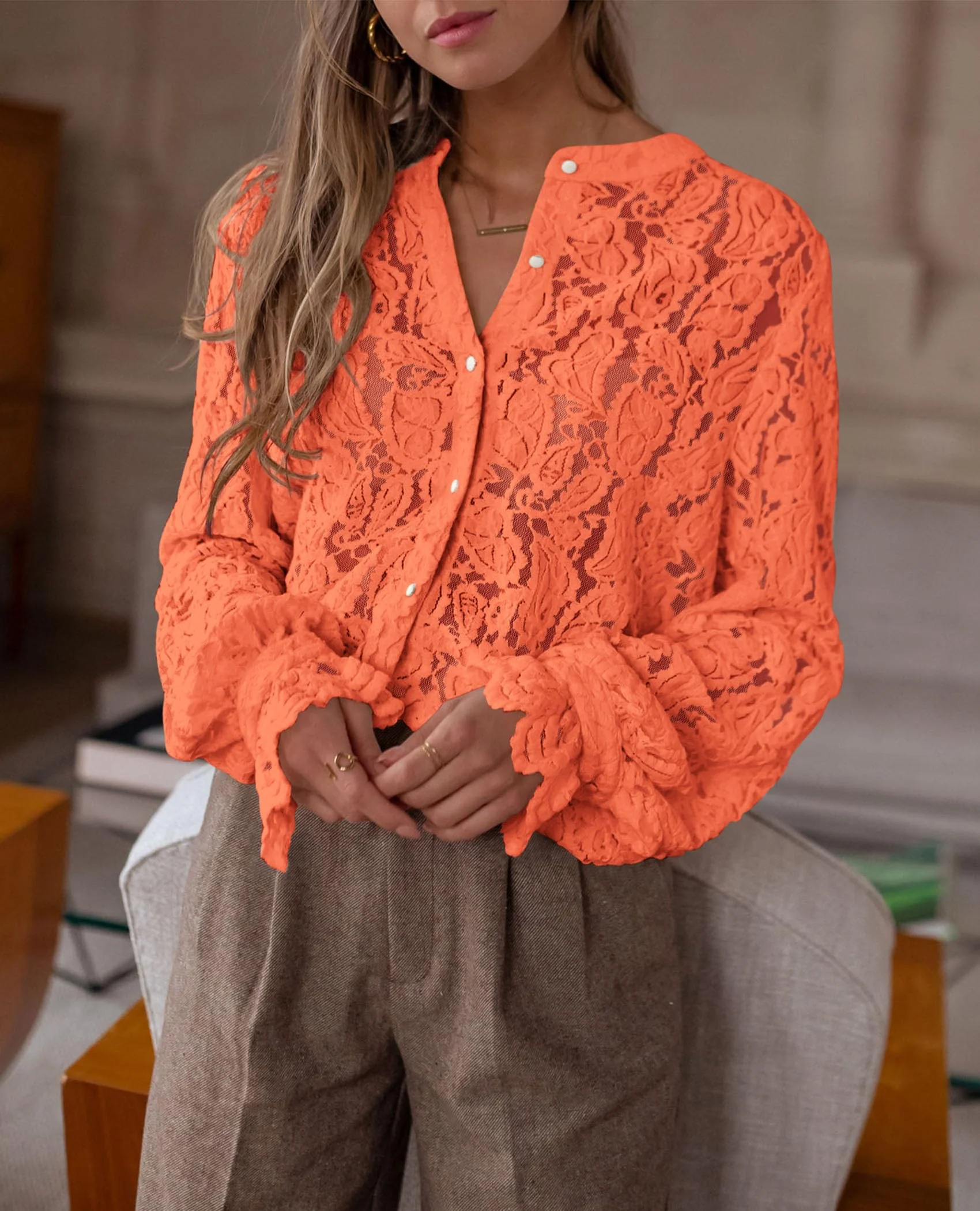 PRETTYGARDEN Women's Dressy Casual Lace Blouse Long Sleeve Button Up Shirts Tops Spring Fall Fashion Clothes - Image 117