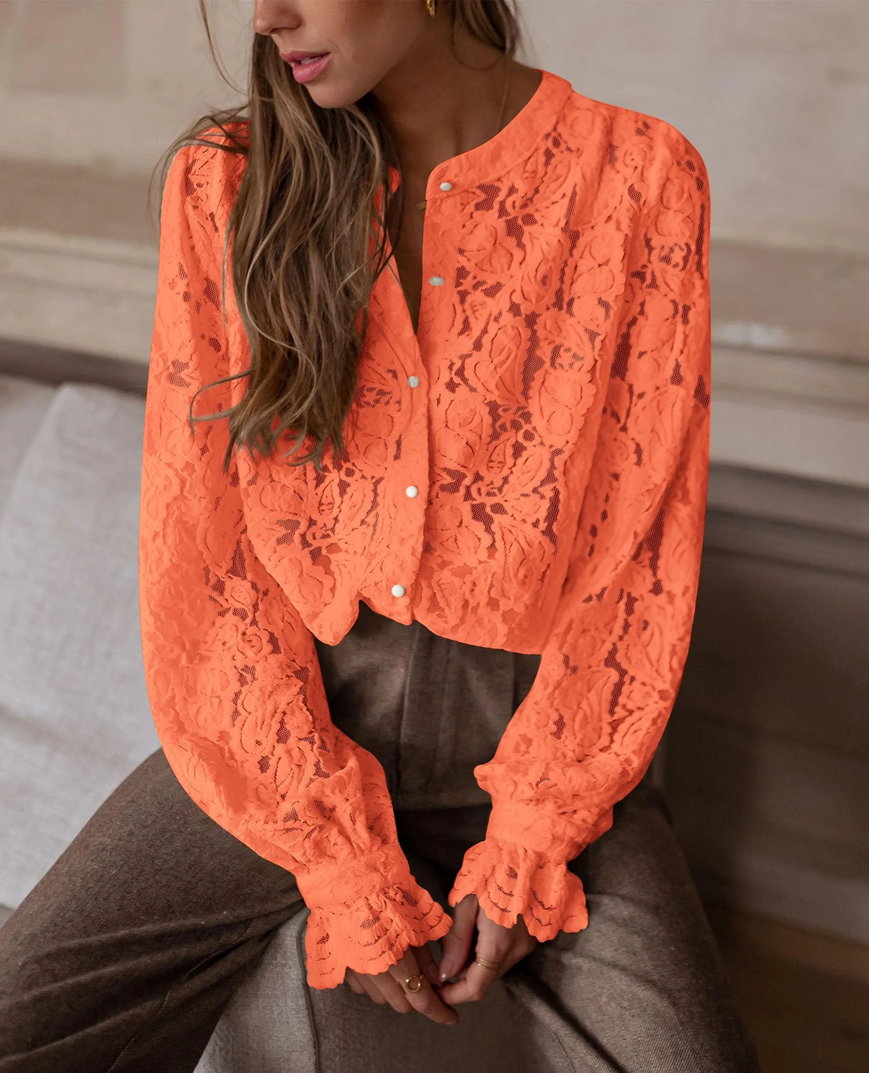 PRETTYGARDEN Women's Dressy Casual Lace Blouse Long Sleeve Button Up Shirts Tops Spring Fall Fashion Clothes - Image 118