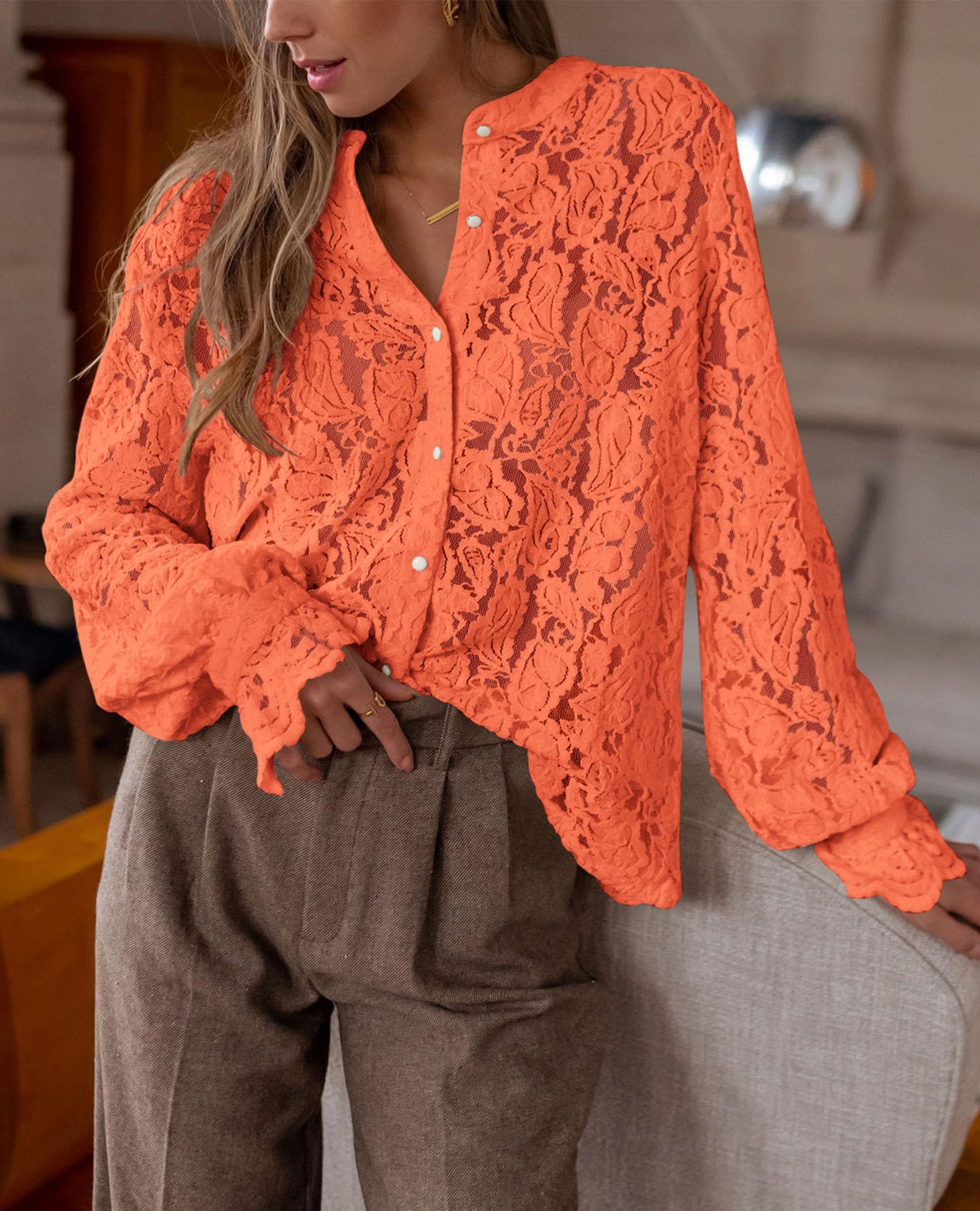 PRETTYGARDEN Women's Dressy Casual Lace Blouse Long Sleeve Button Up Shirts Tops Spring Fall Fashion Clothes - Image 119