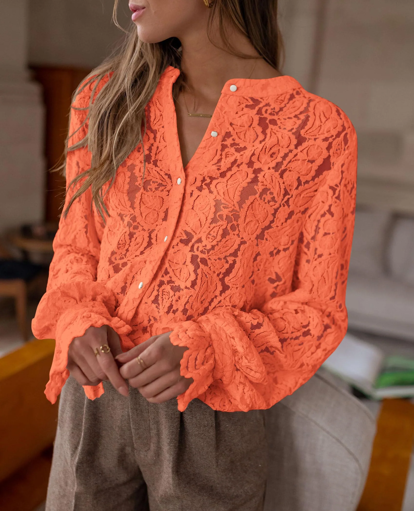 PRETTYGARDEN Women's Dressy Casual Lace Blouse Long Sleeve Button Up Shirts Tops Spring Fall Fashion Clothes - Image 120