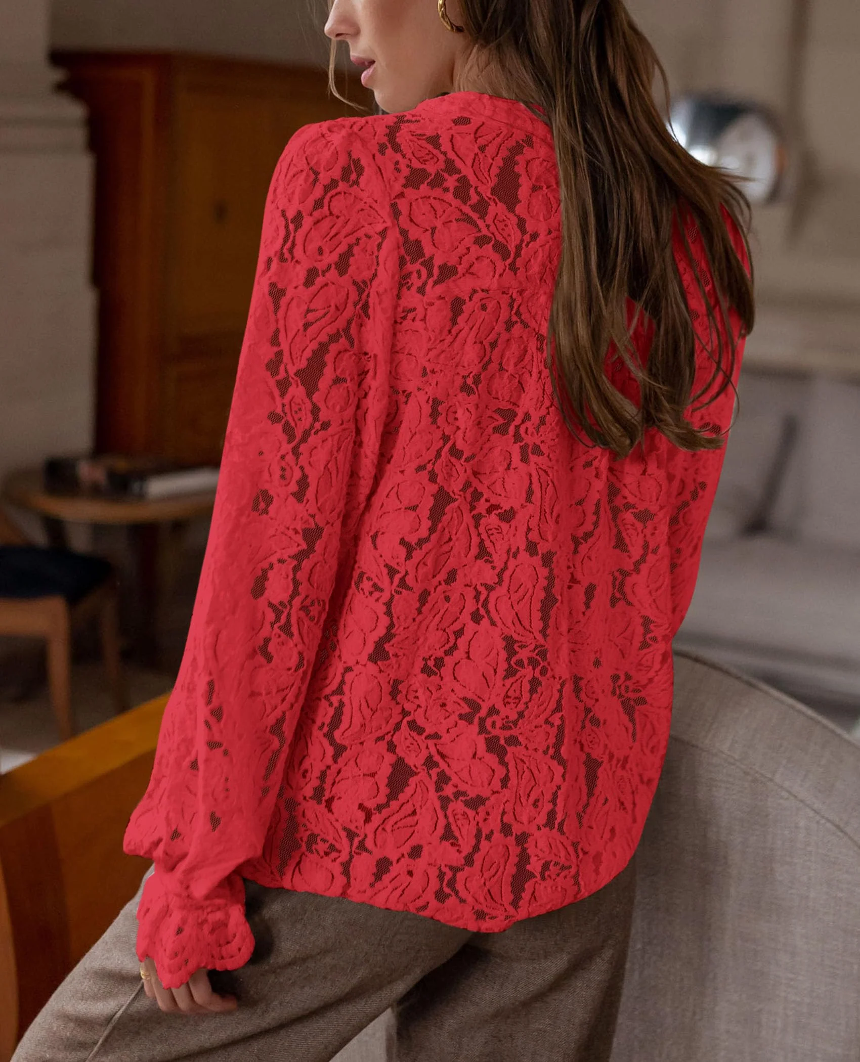 PRETTYGARDEN Women's Dressy Casual Lace Blouse Long Sleeve Button Up Shirts Tops Spring Fall Fashion Clothes - Image 123