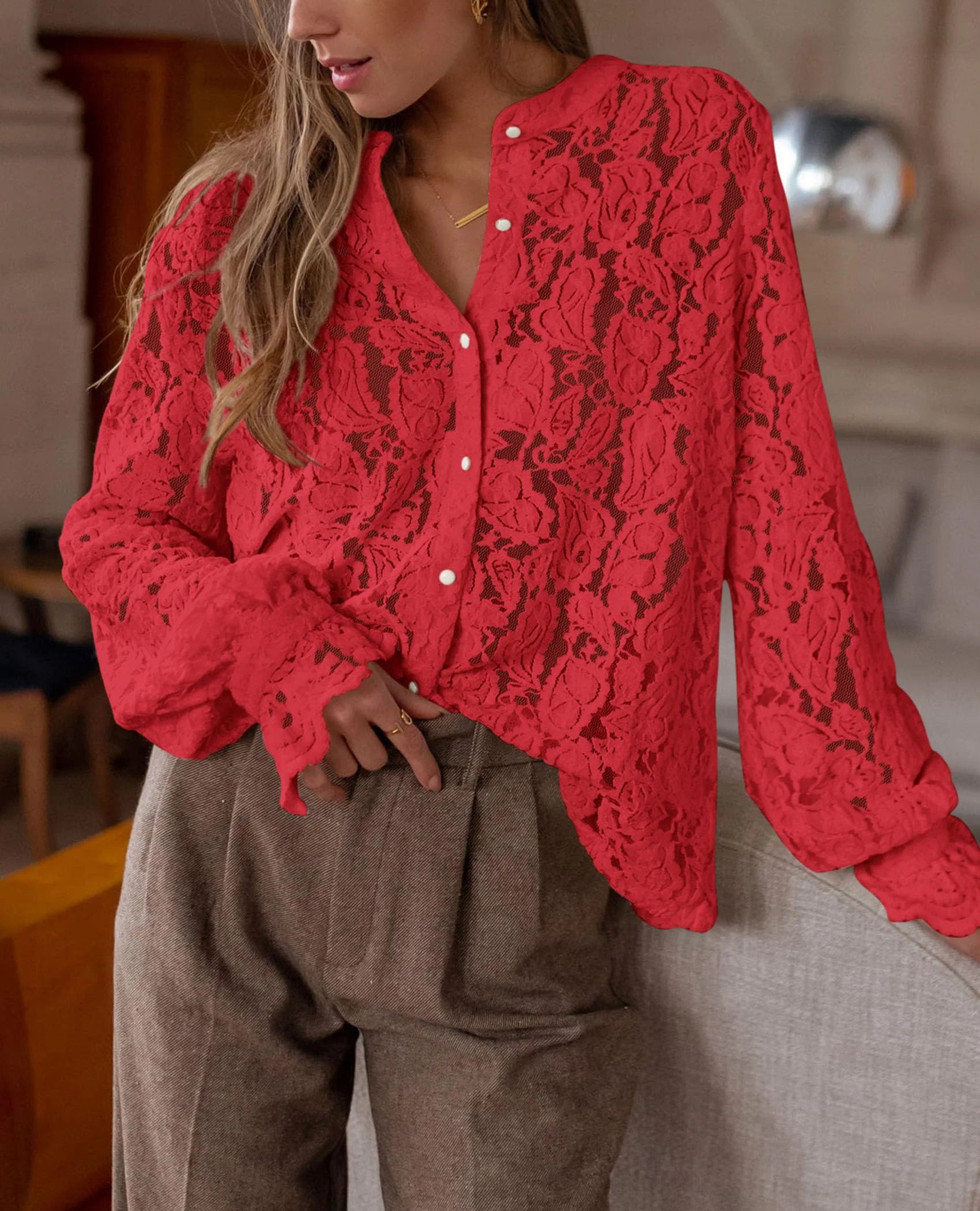 PRETTYGARDEN Women's Dressy Casual Lace Blouse Long Sleeve Button Up Shirts Tops Spring Fall Fashion Clothes - Image 124