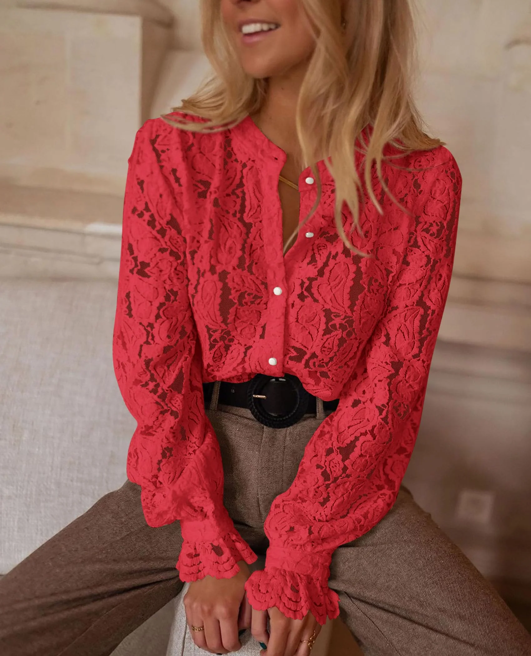 PRETTYGARDEN Women's Dressy Casual Lace Blouse Long Sleeve Button Up Shirts Tops Spring Fall Fashion Clothes - Image 127