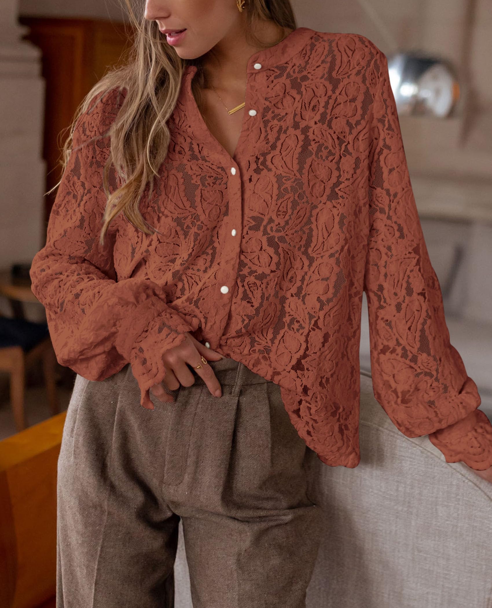 PRETTYGARDEN Women's Dressy Casual Lace Blouse Long Sleeve Button Up Shirts Tops Spring Fall Fashion Clothes - Image 131